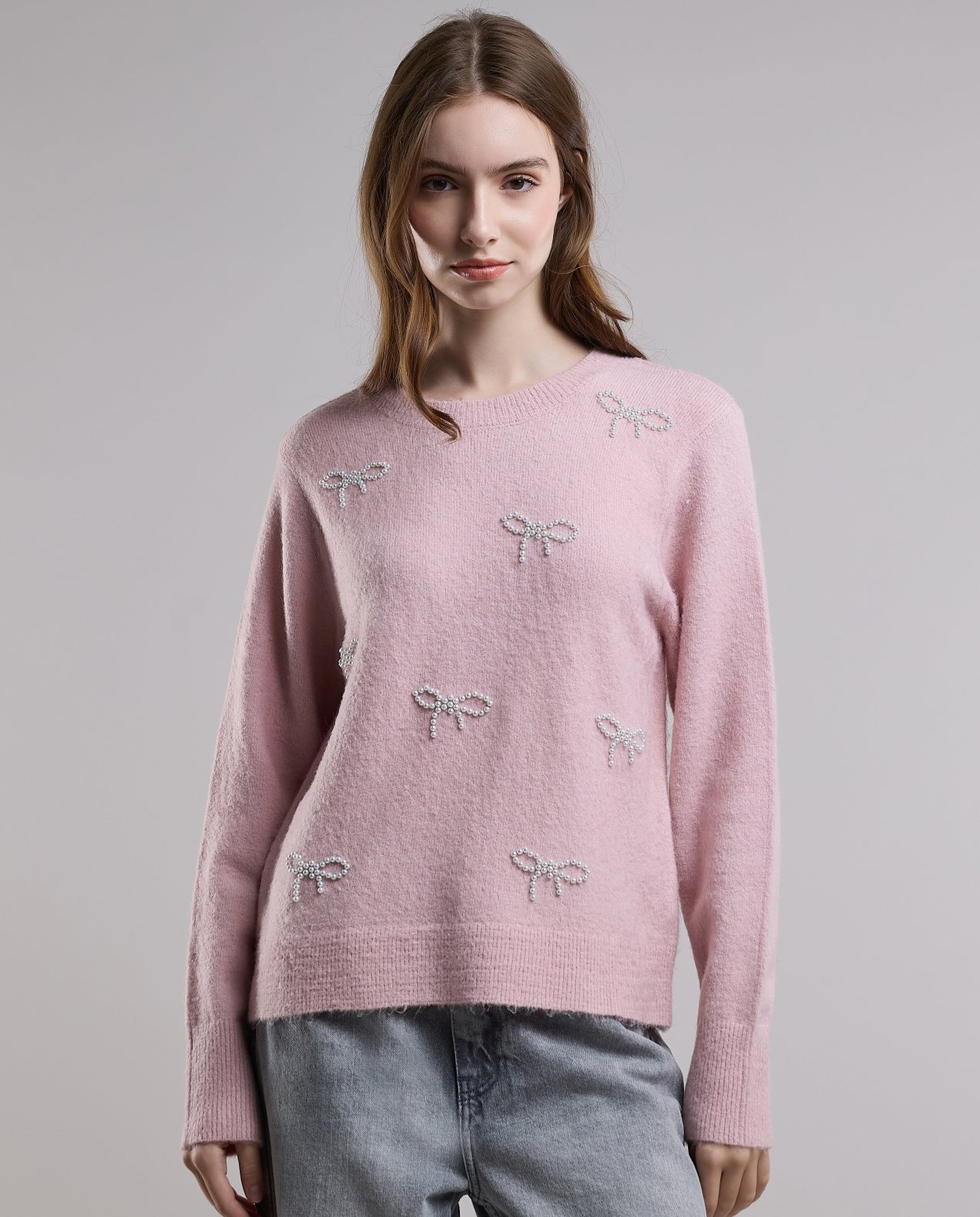 Embellished Sweater with Crew Neck and Long Sleeves