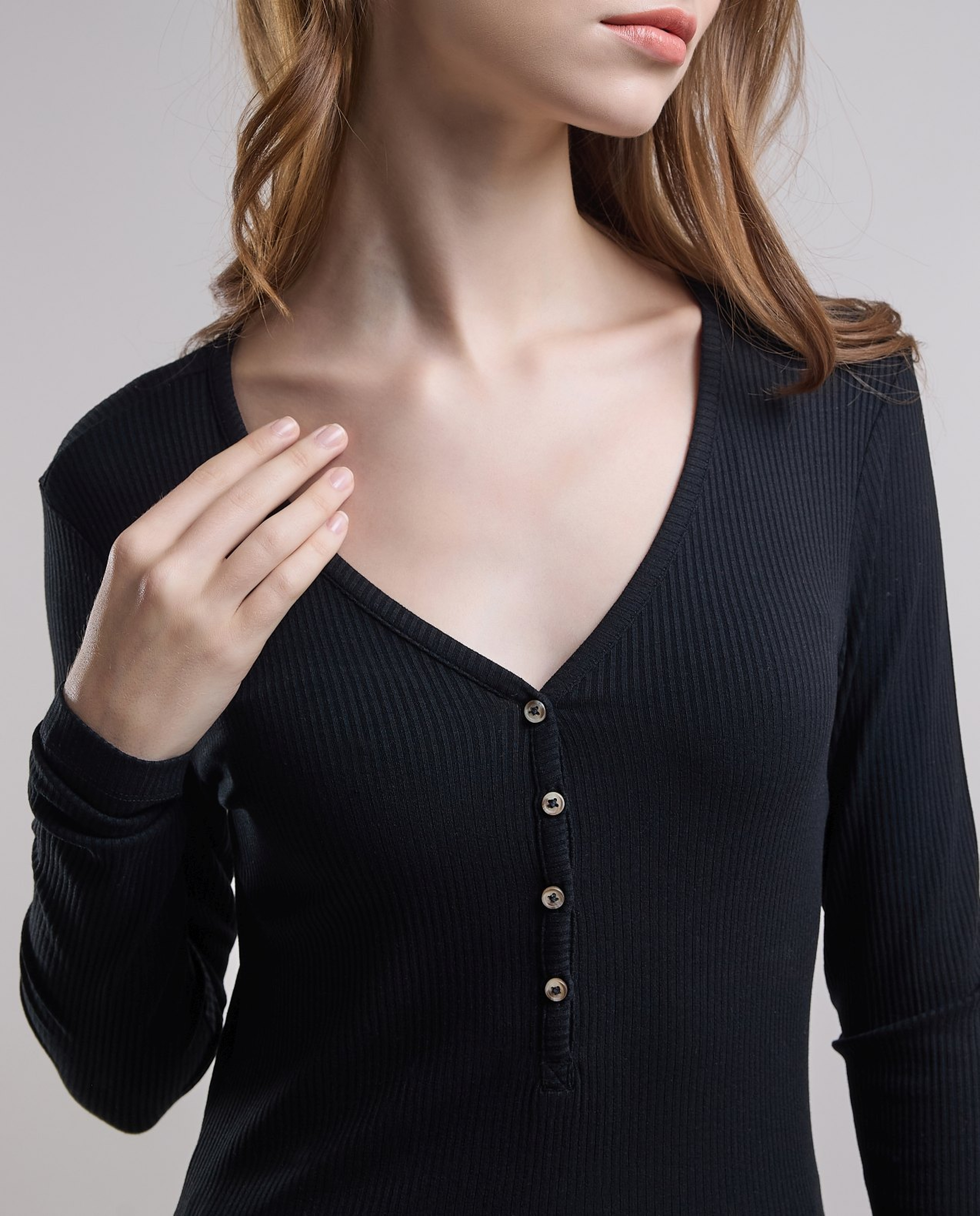 Ribbed Top with V-Neck and Long Sleeves