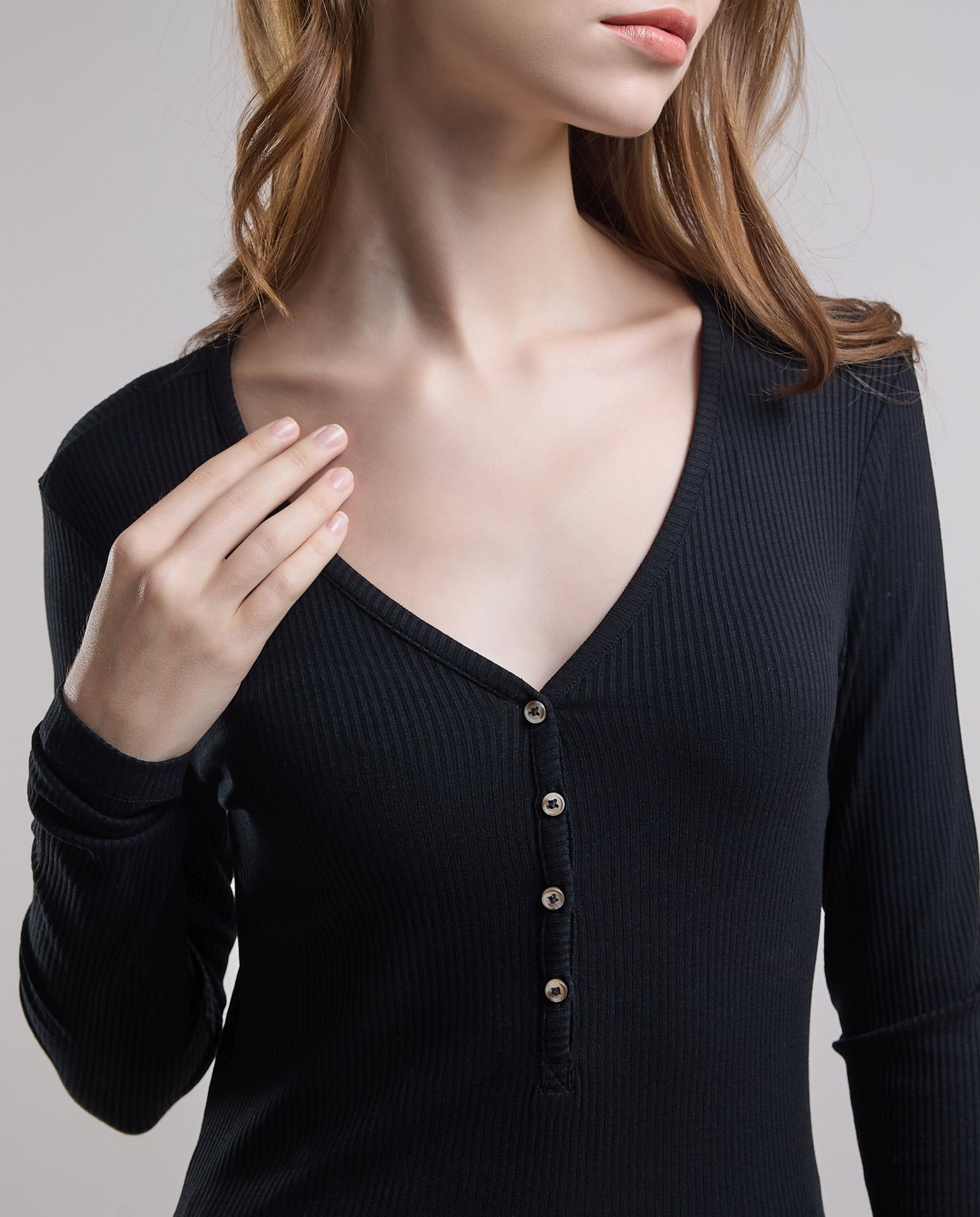 Ribbed Top with V-Neck and Long Sleeves