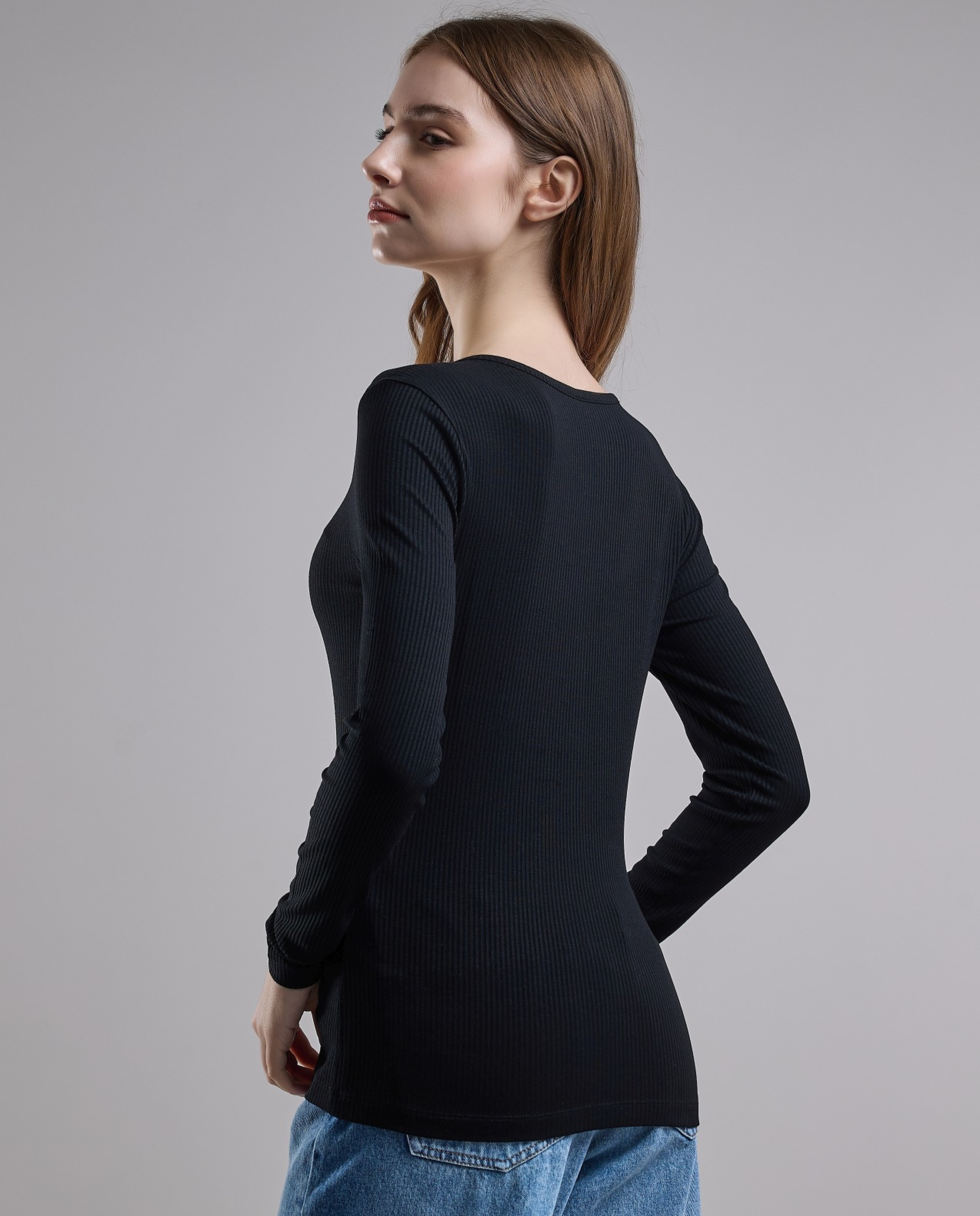 Ribbed Top with V-Neck and Long Sleeves