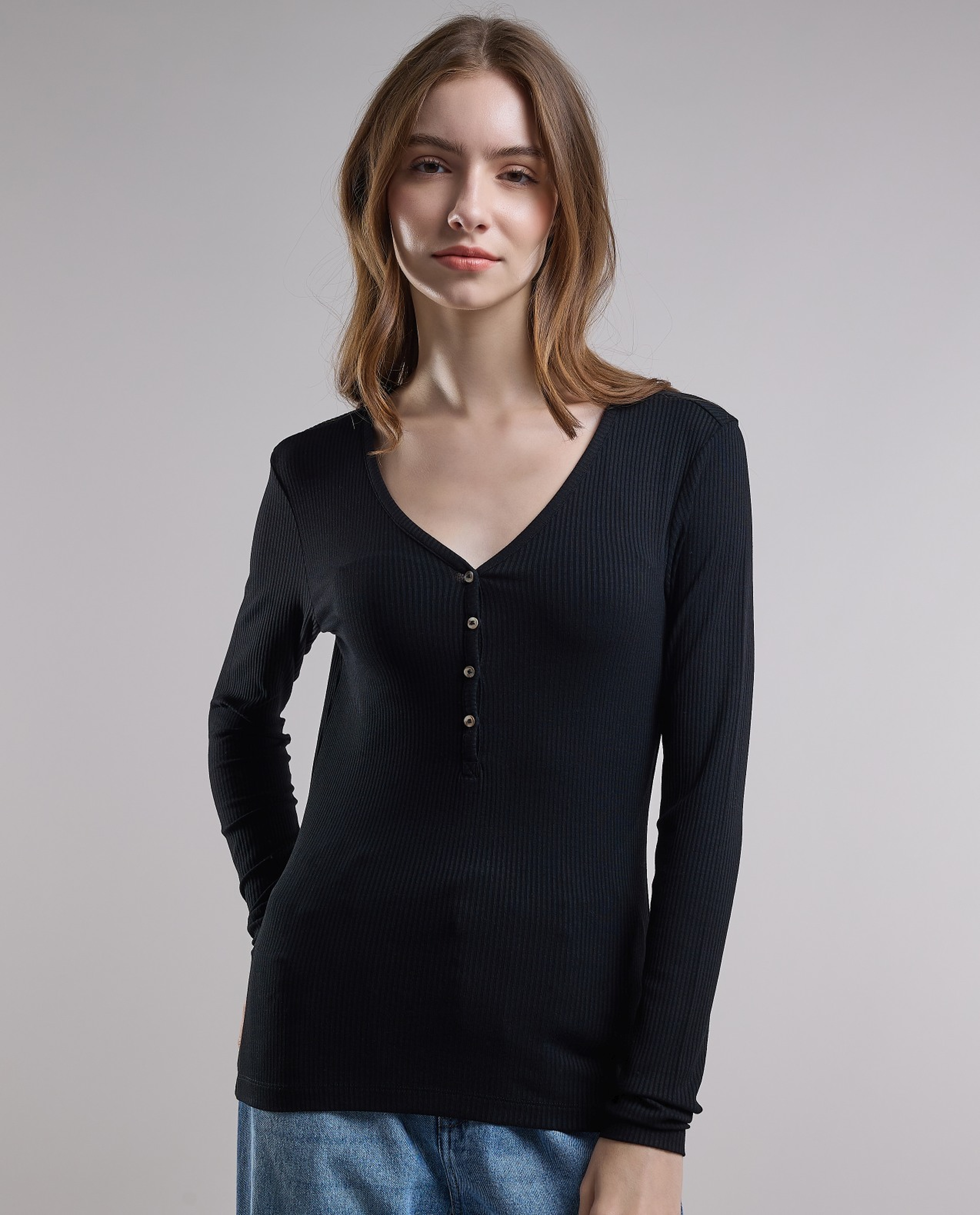 Ribbed Top with V-Neck and Long Sleeves