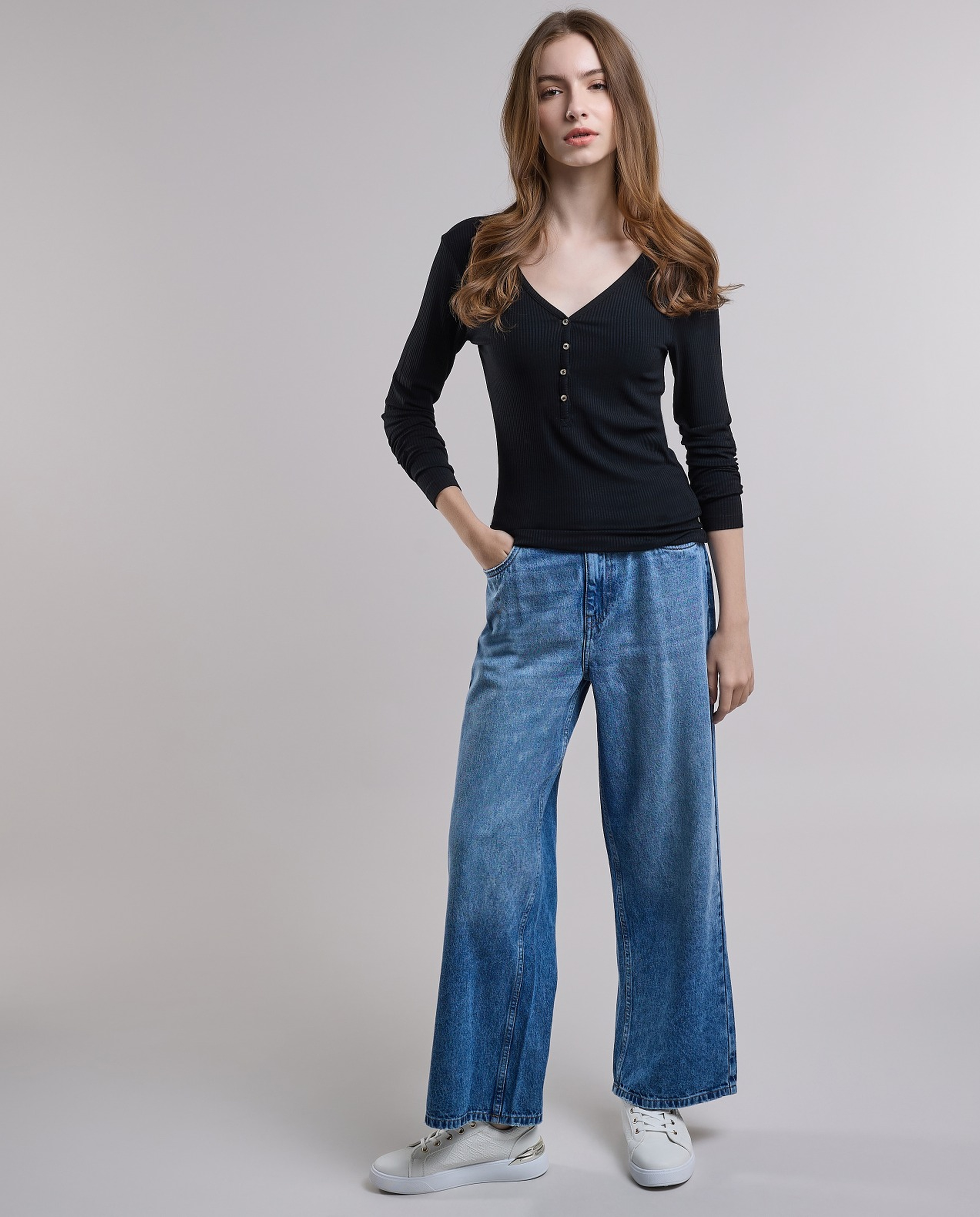 Ribbed Top with V-Neck and Long Sleeves