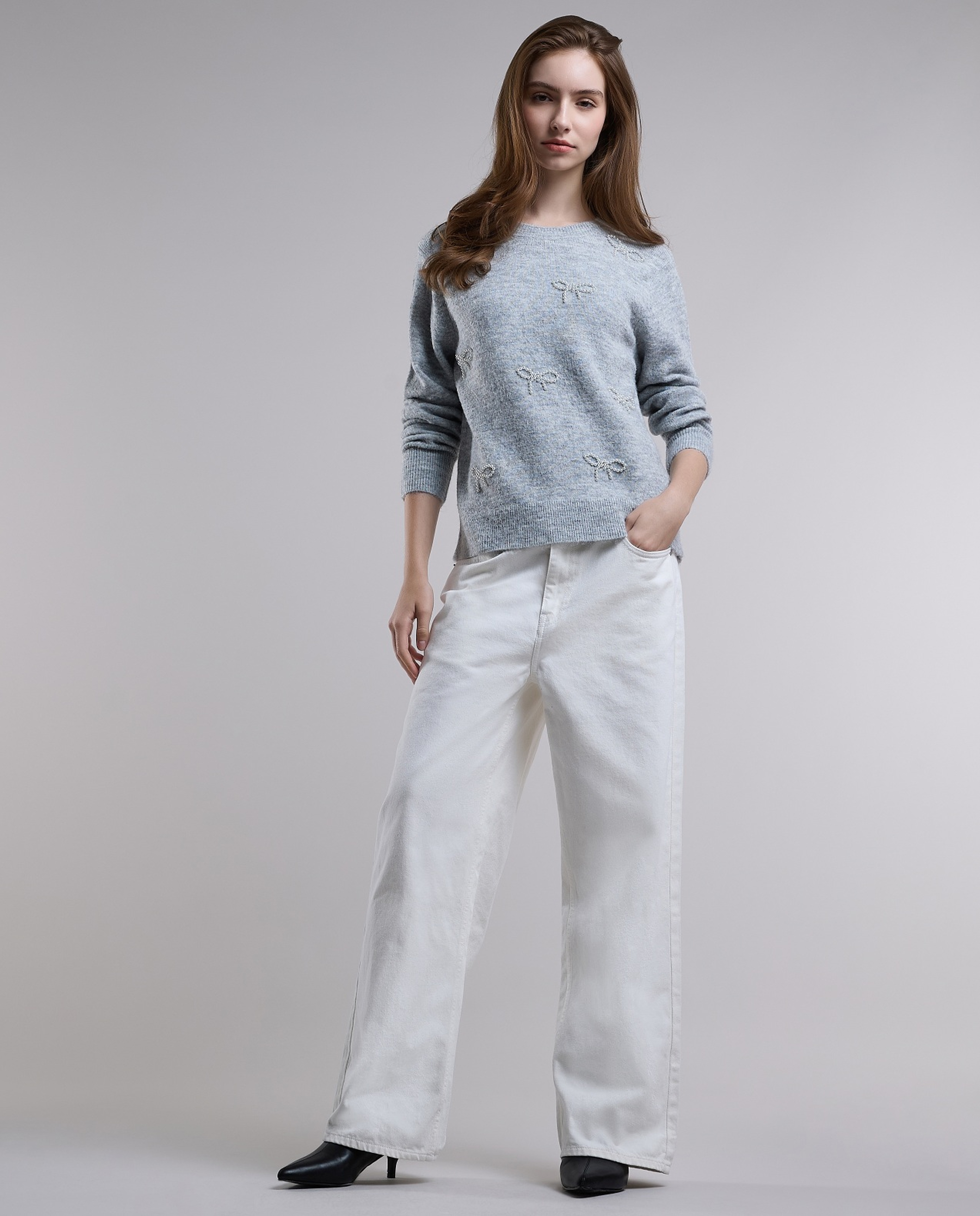 Embellished Sweater with Crew Neck and Long Sleeves