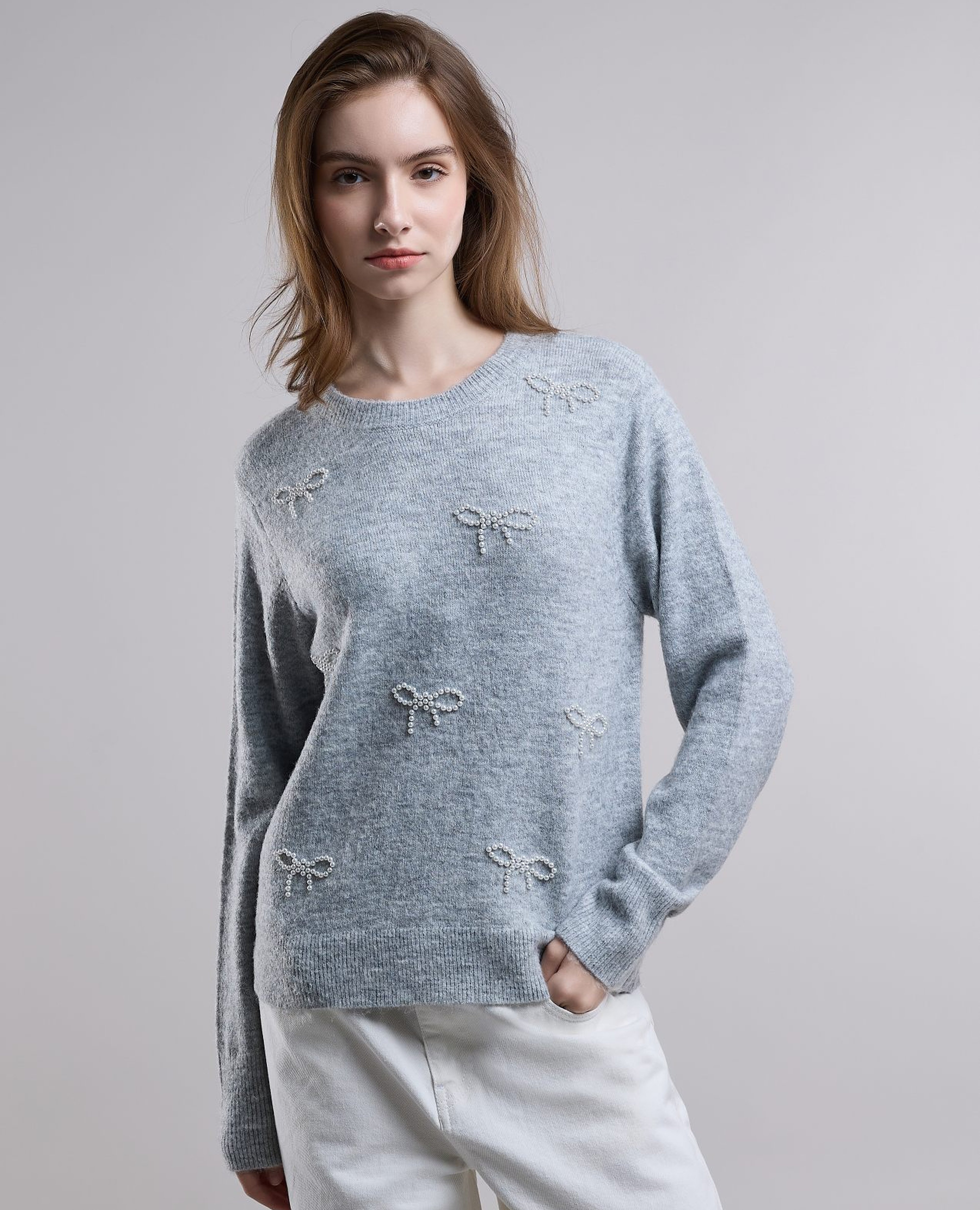 Embellished Sweater with Crew Neck and Long Sleeves