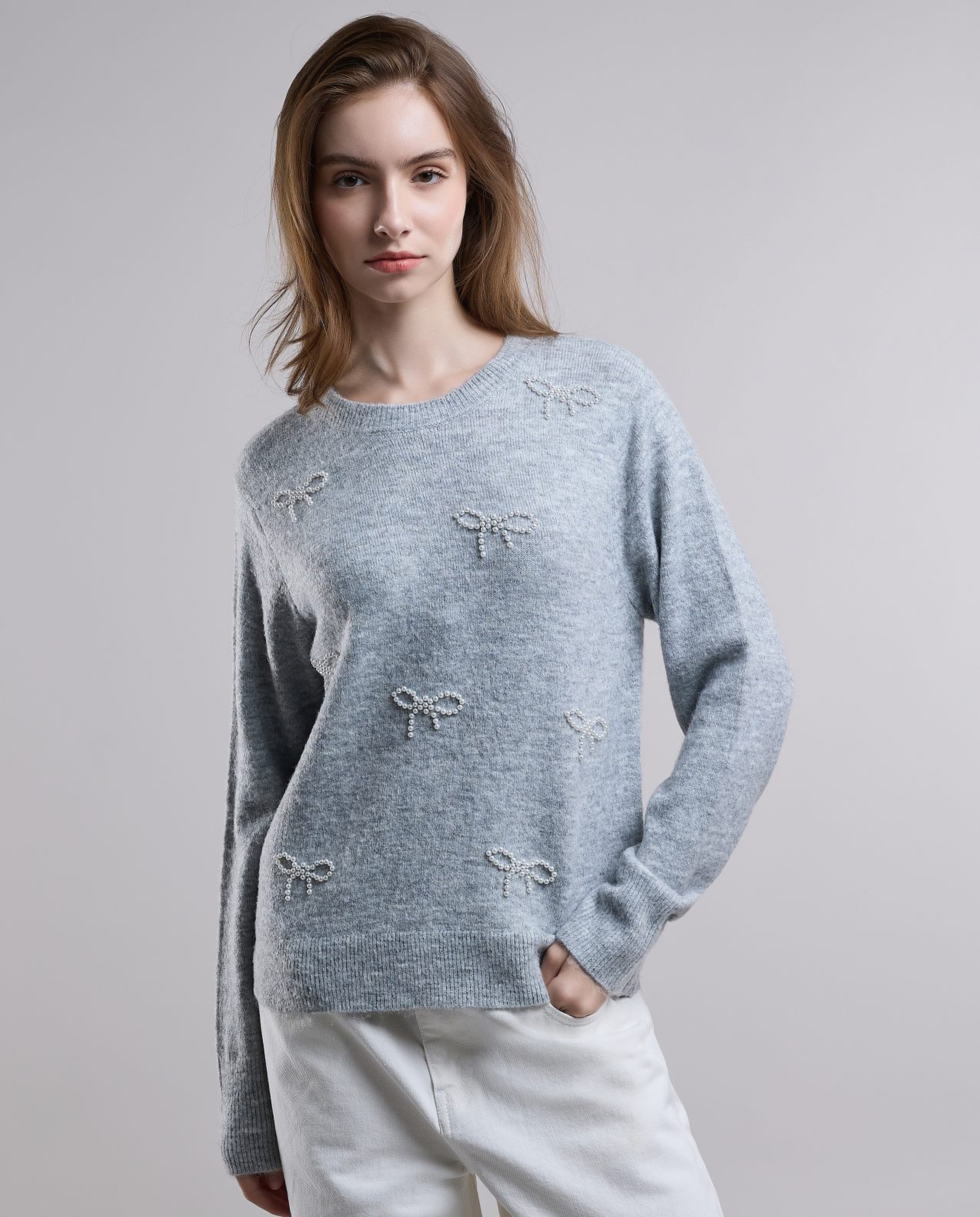 Embellished Sweater with Crew Neck and Long Sleeves