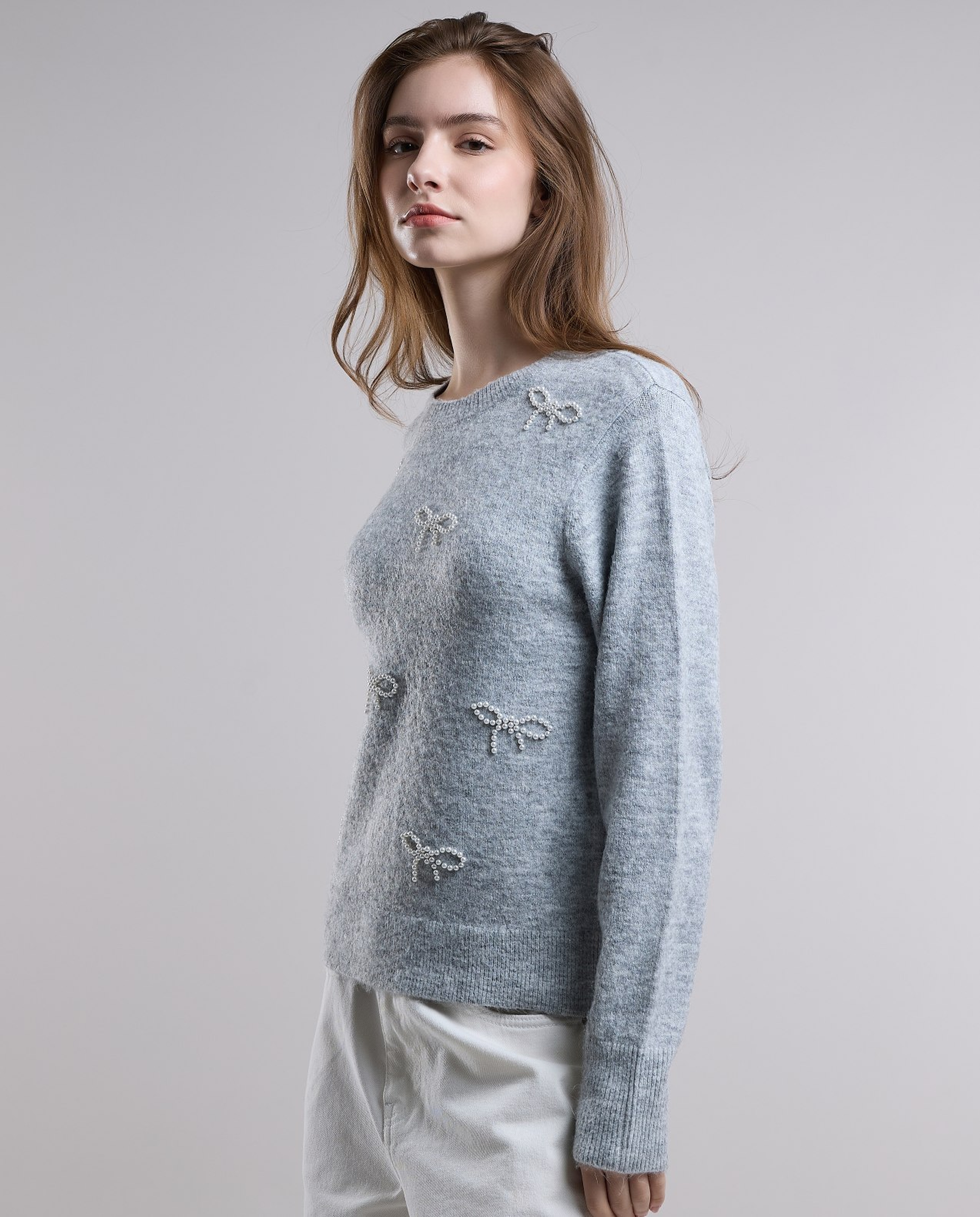 Embellished Sweater with Crew Neck and Long Sleeves