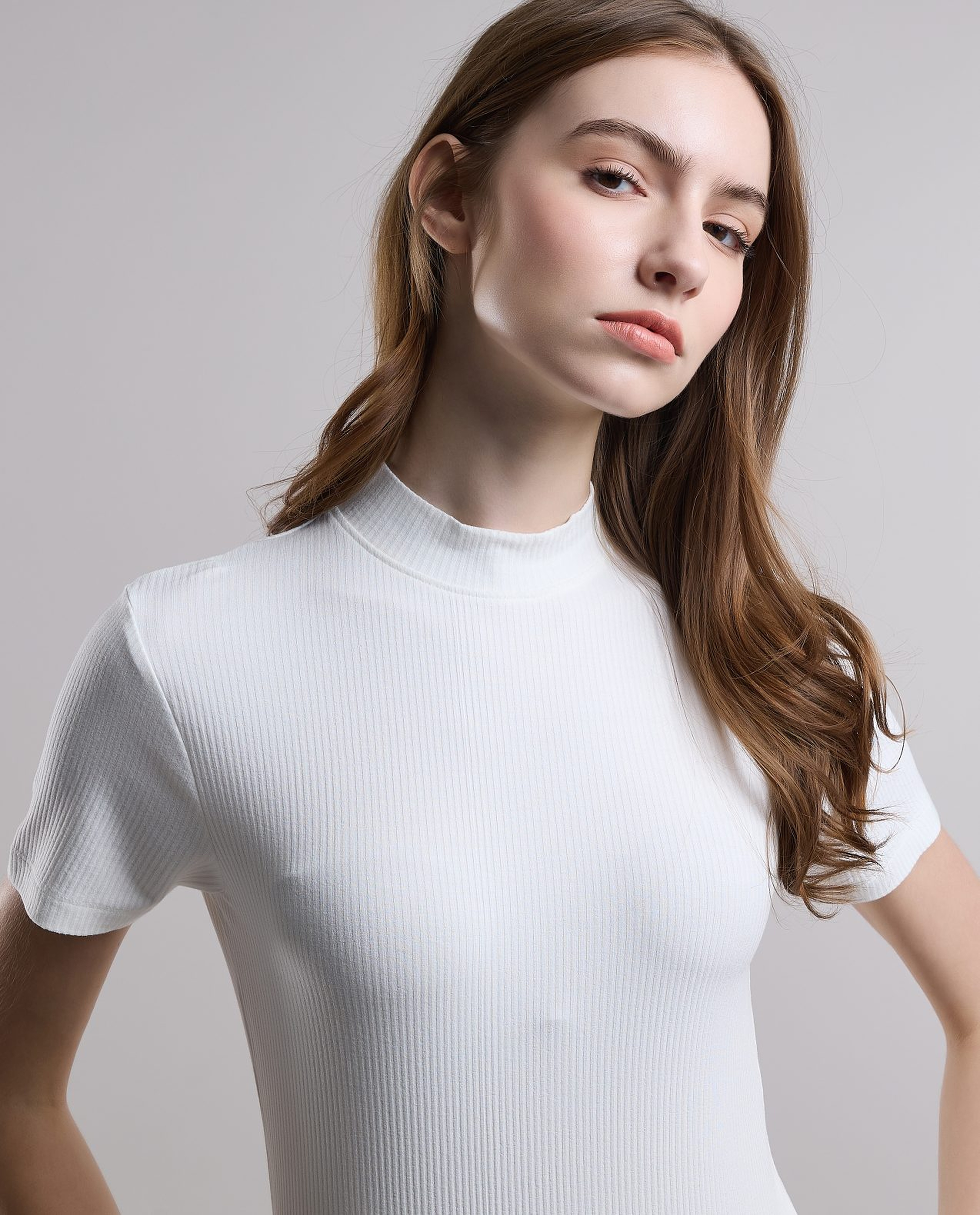 Ribbed Top with High Neck and Short Sleeves