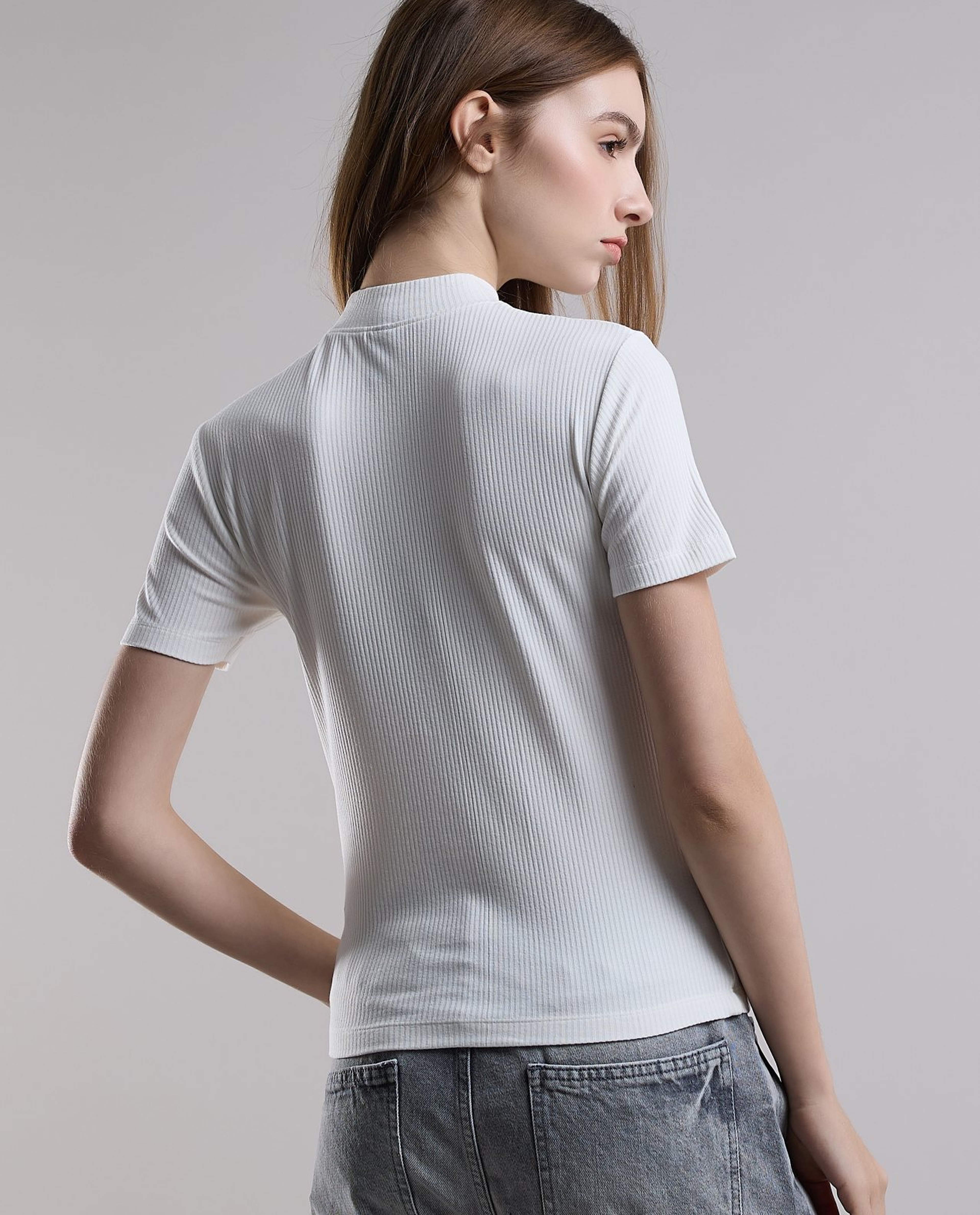 Ribbed Top with High Neck and Short Sleeves