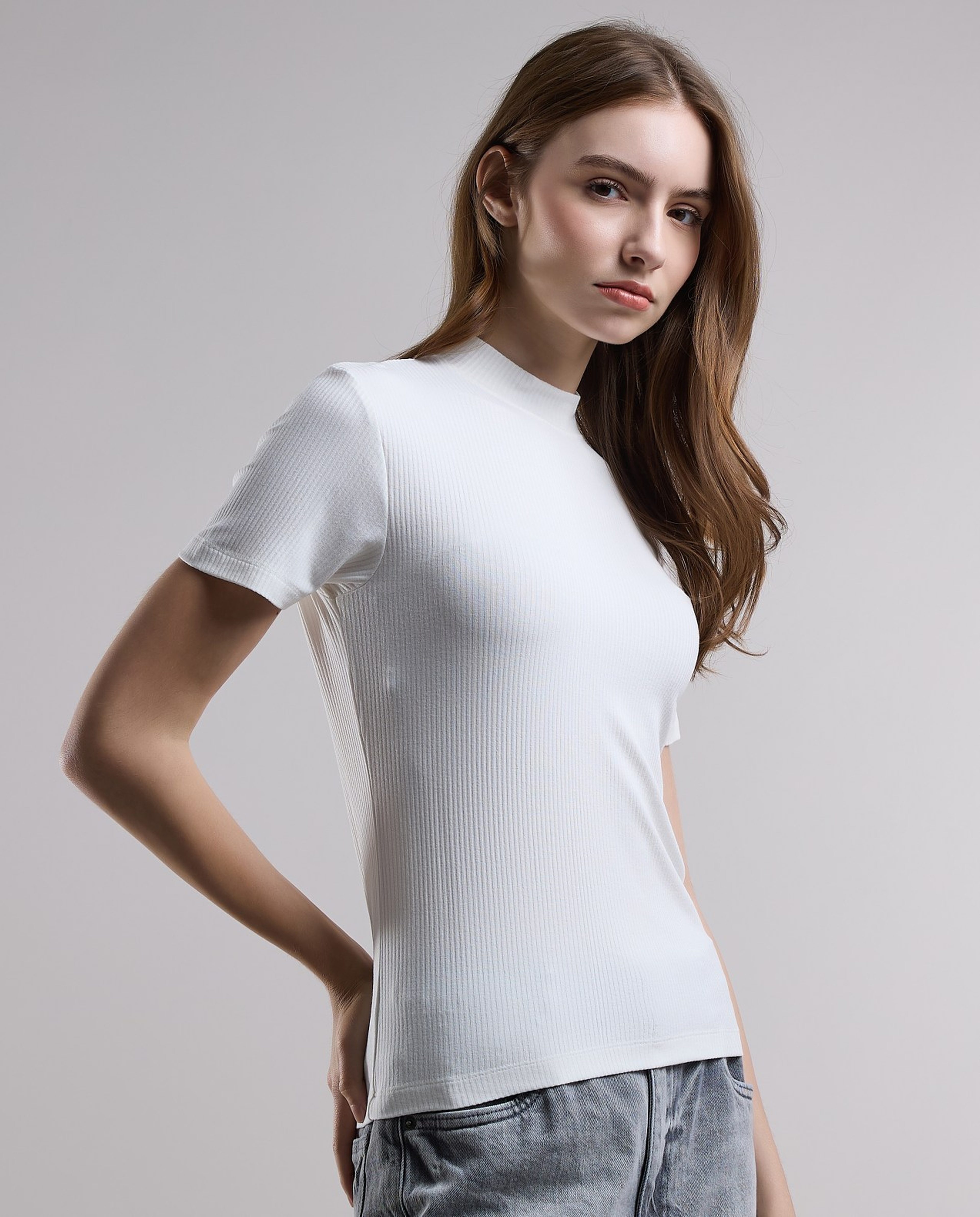 Ribbed Top with High Neck and Short Sleeves