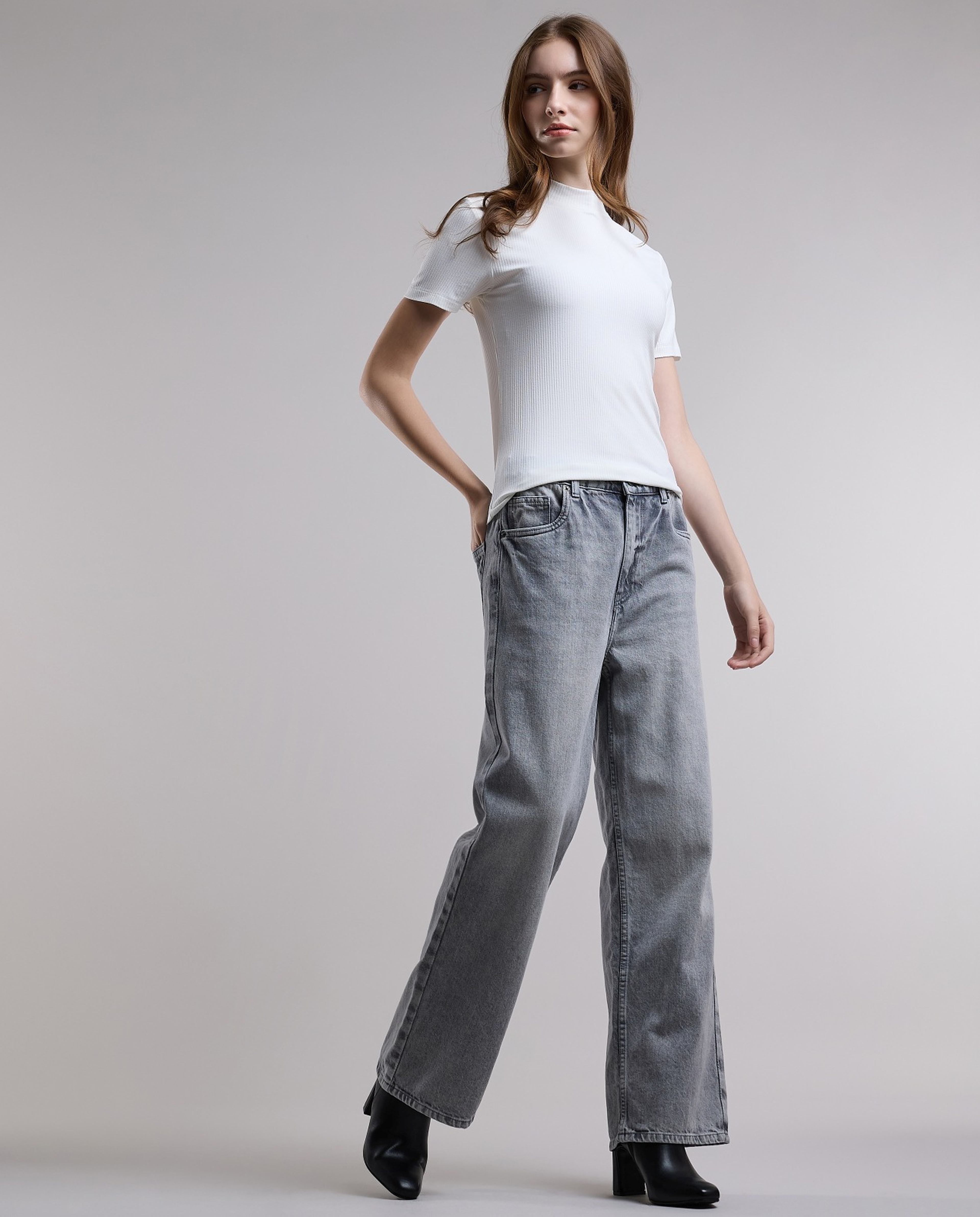 Ribbed Top with High Neck and Short Sleeves