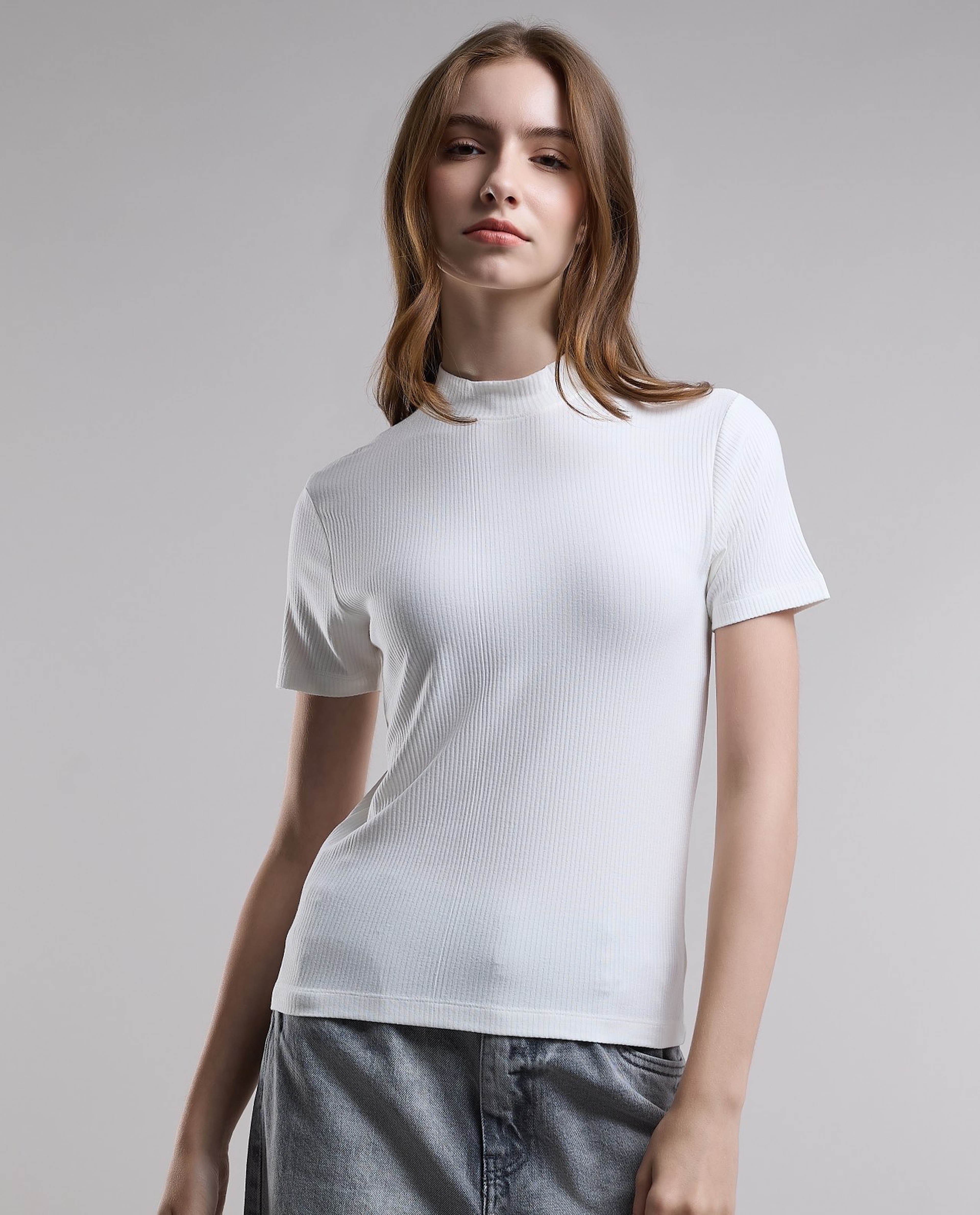 Ribbed Top with High Neck and Short Sleeves