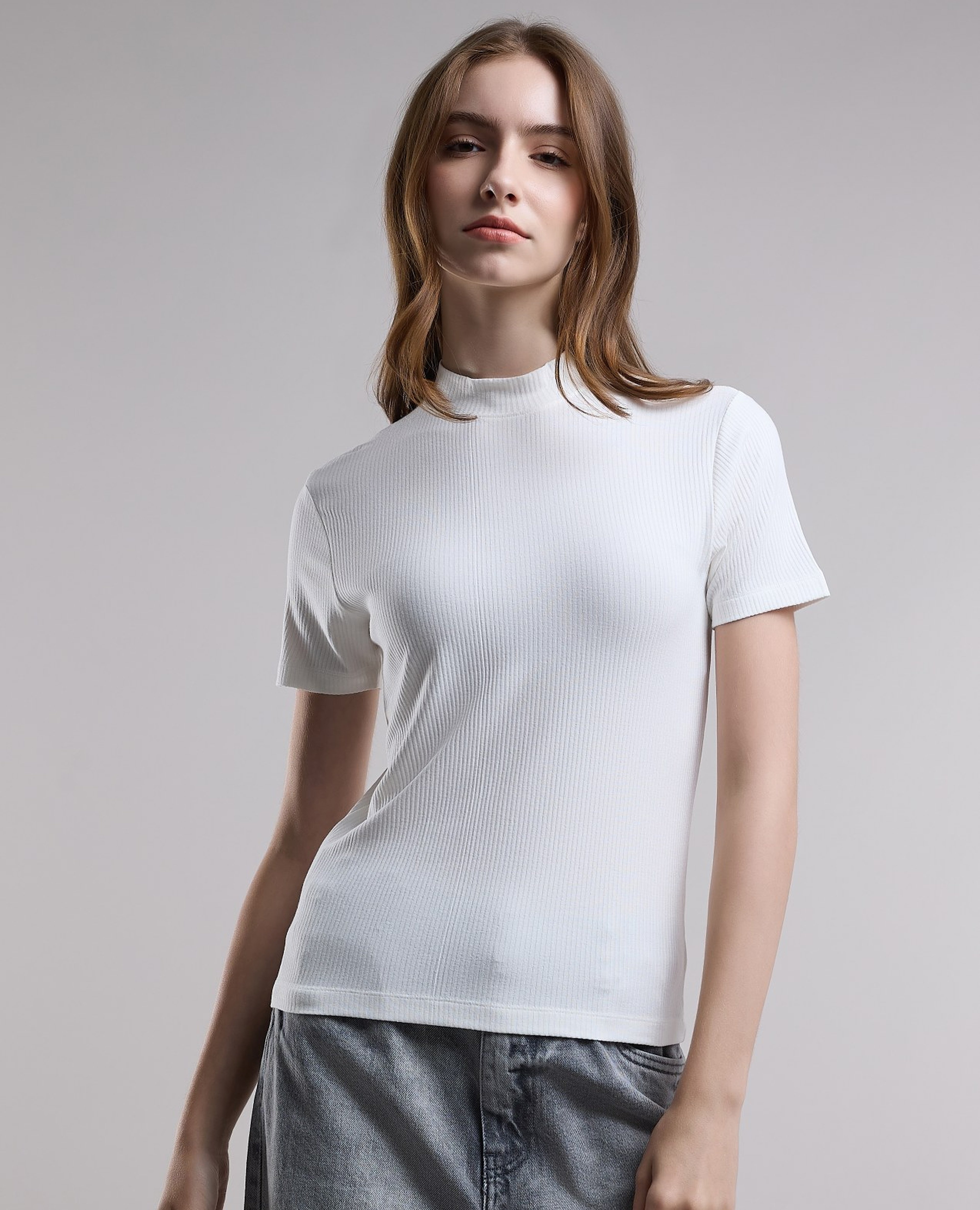 Ribbed Top with High Neck and Short Sleeves