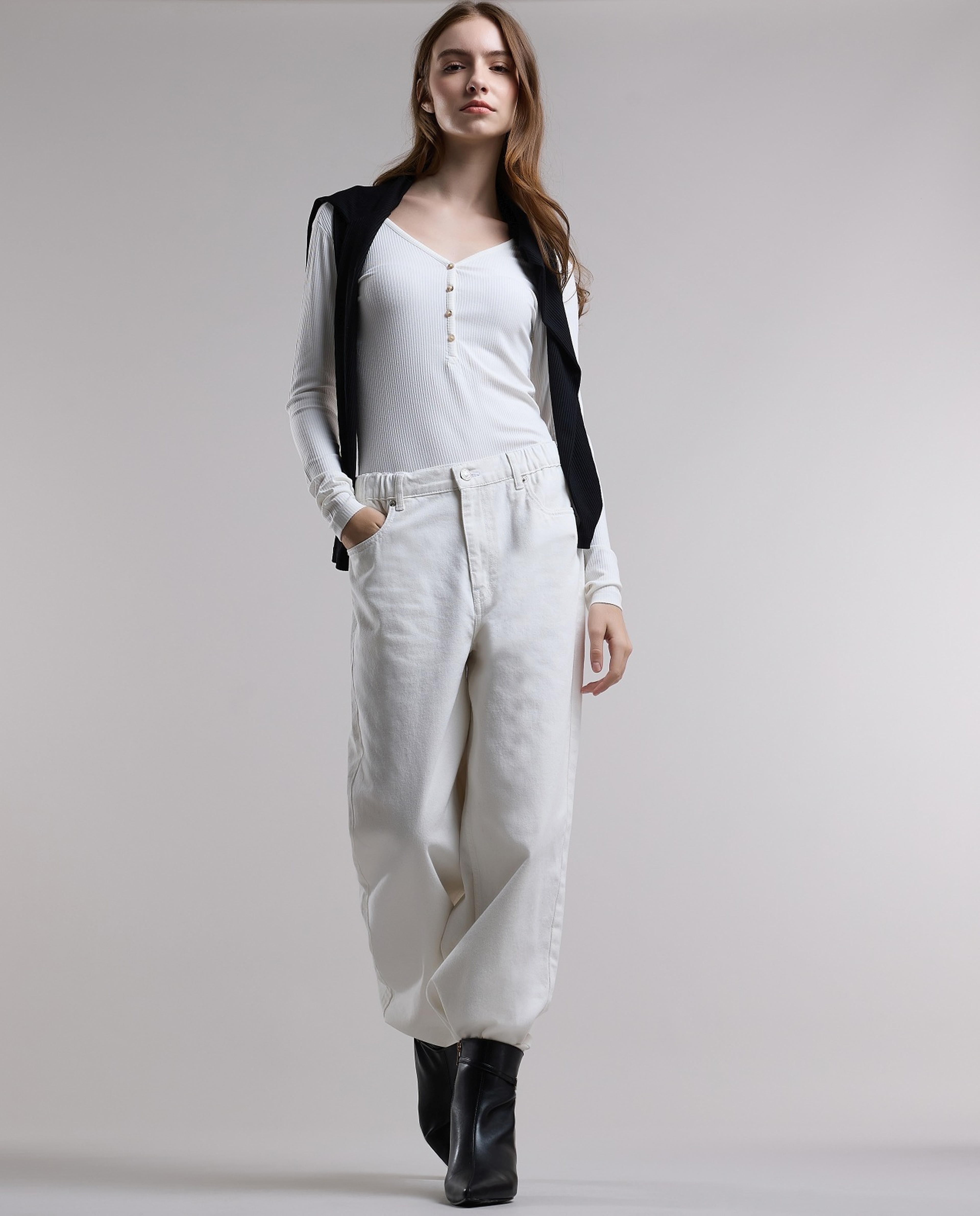 Ribbed Top with V-Neck and Long Sleeves