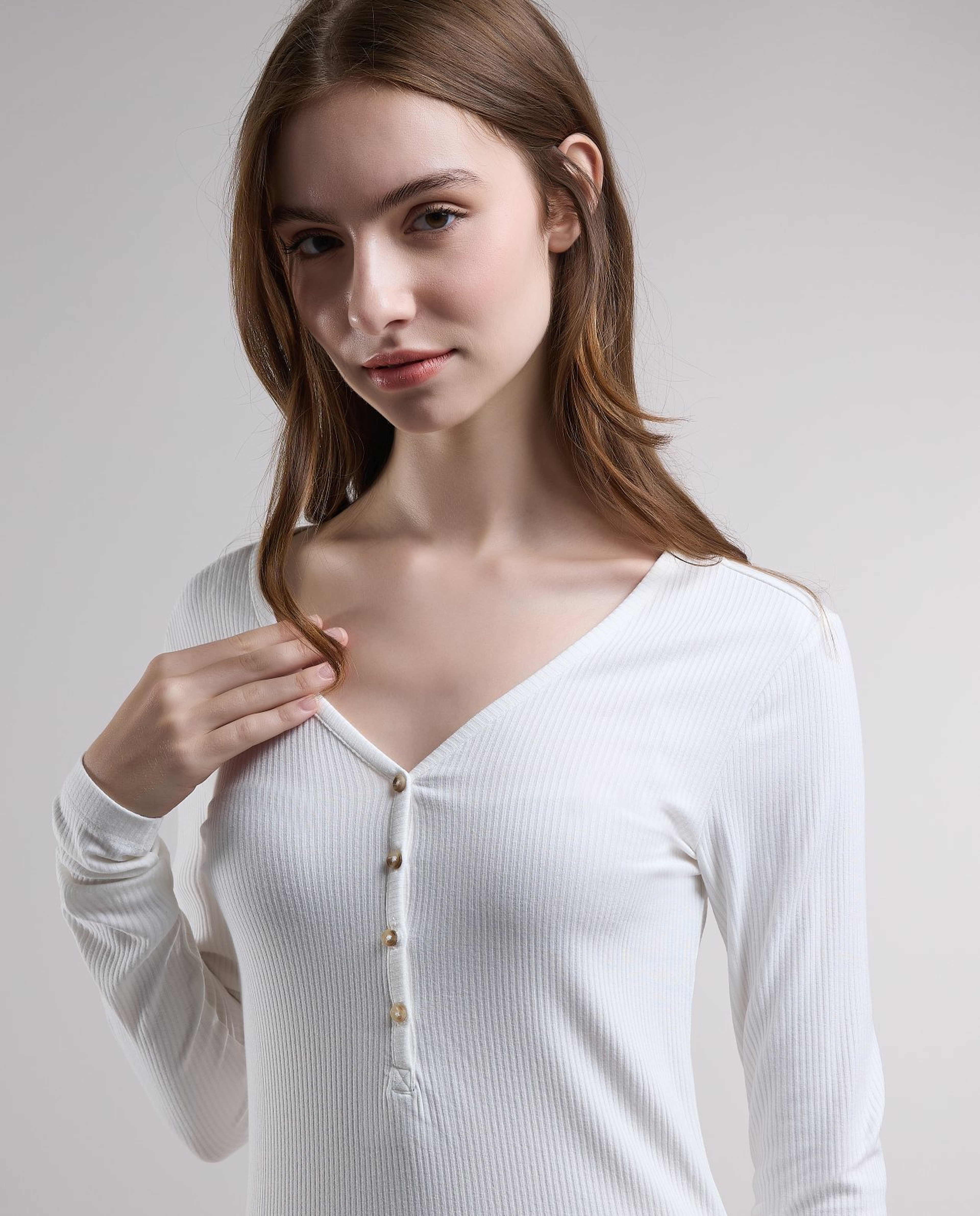 Ribbed Top with V-Neck and Long Sleeves