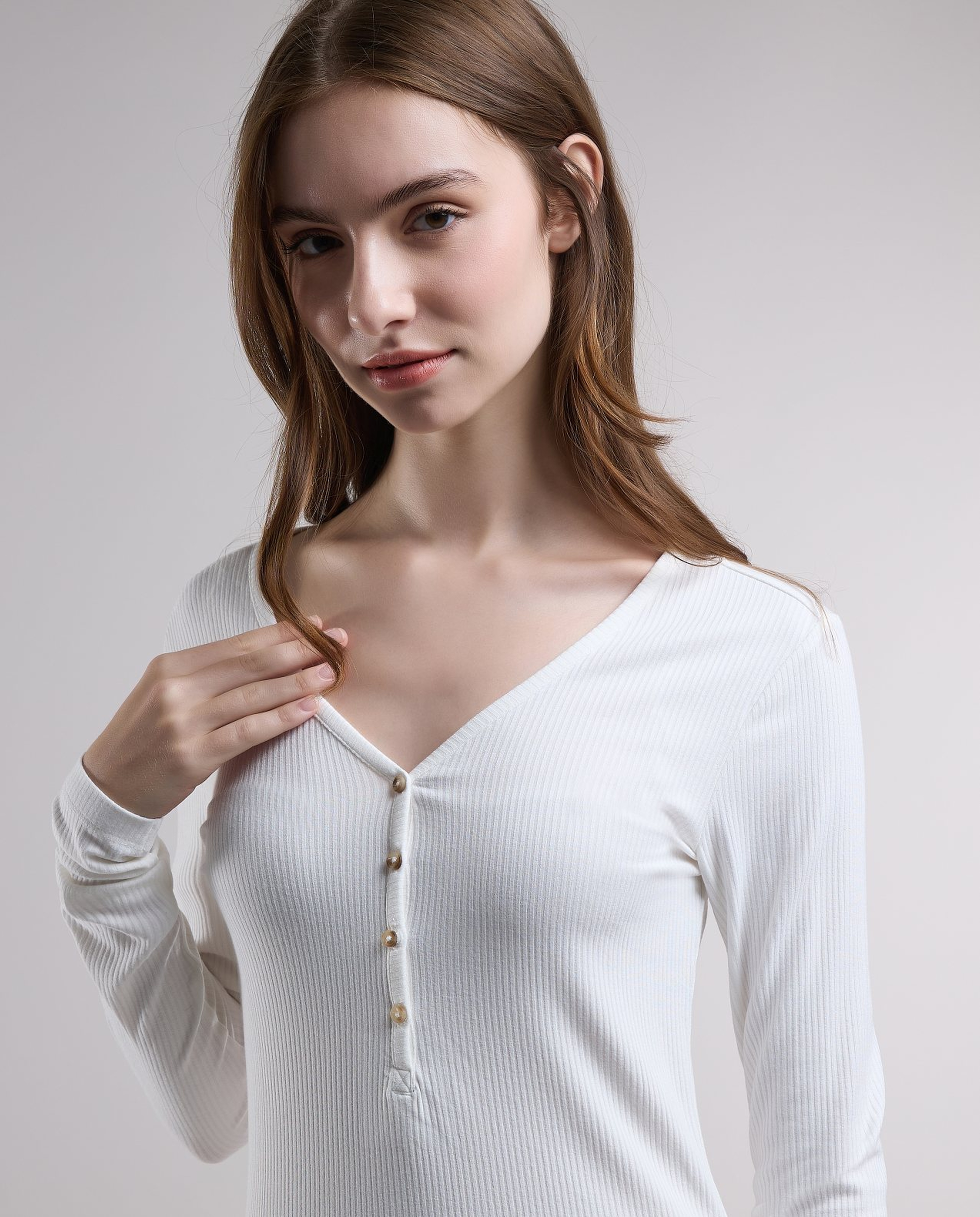 Ribbed Top with V-Neck and Long Sleeves