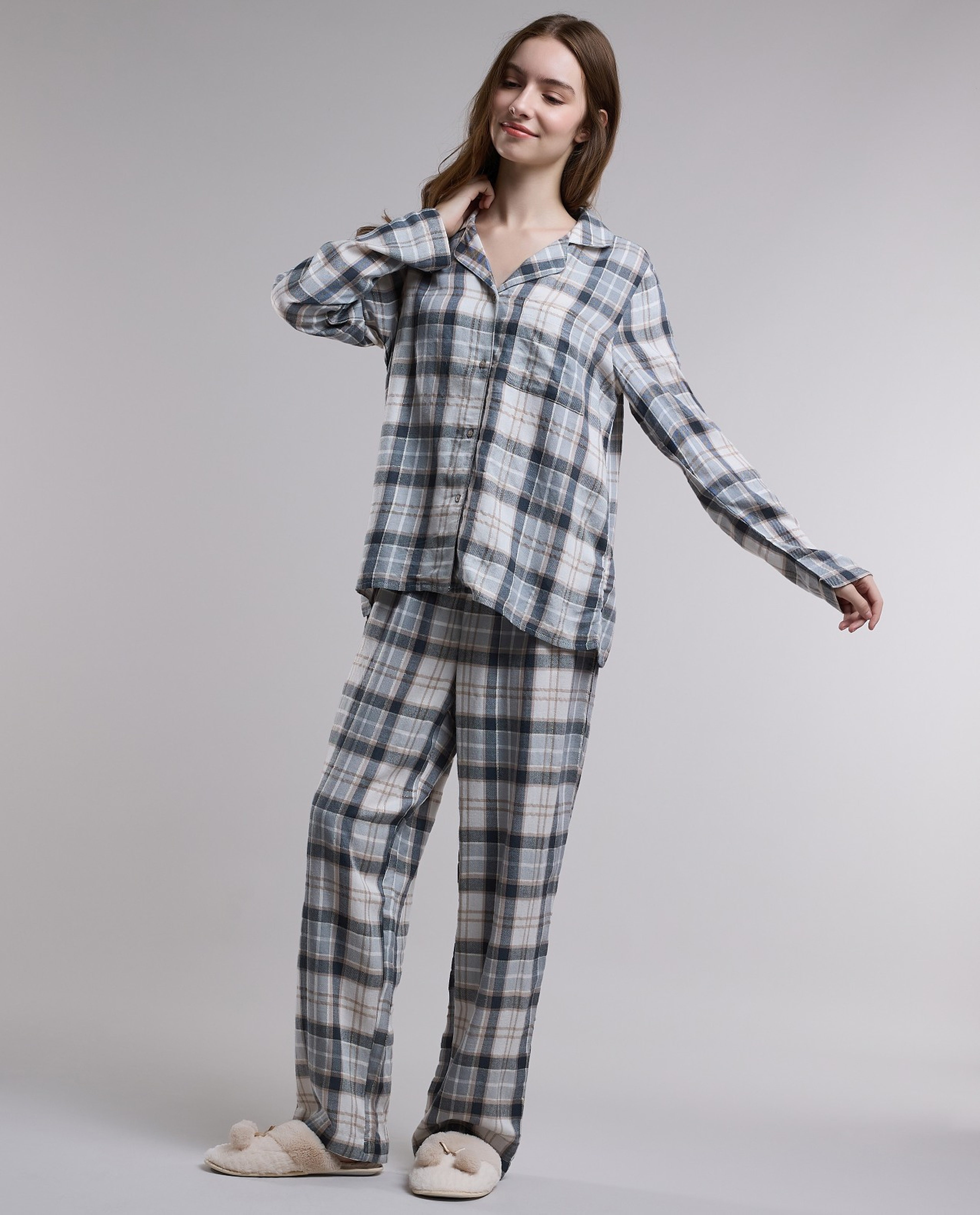 Plaid Lapel Collar Pyjama Set