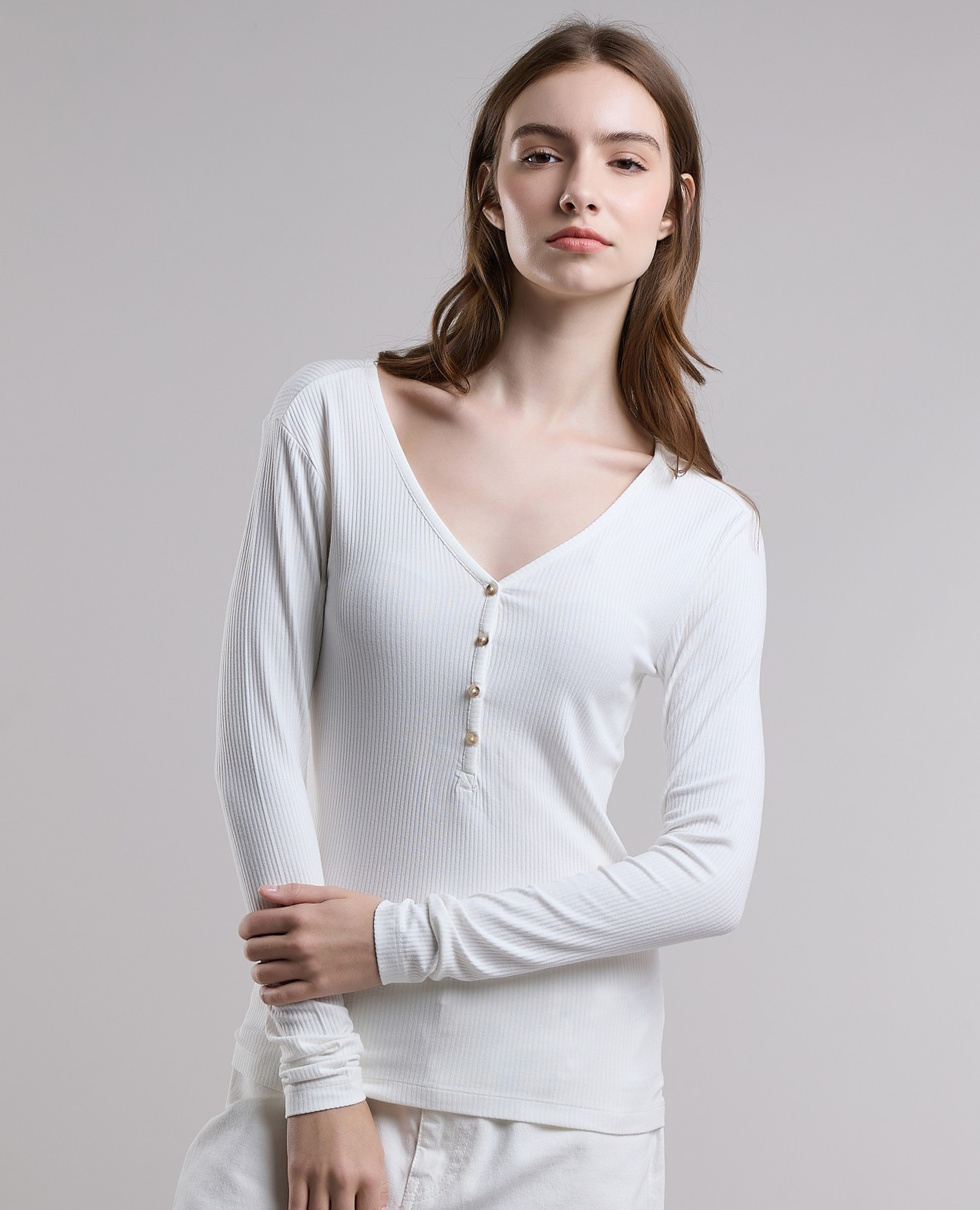 Ribbed Top with V-Neck and Long Sleeves
