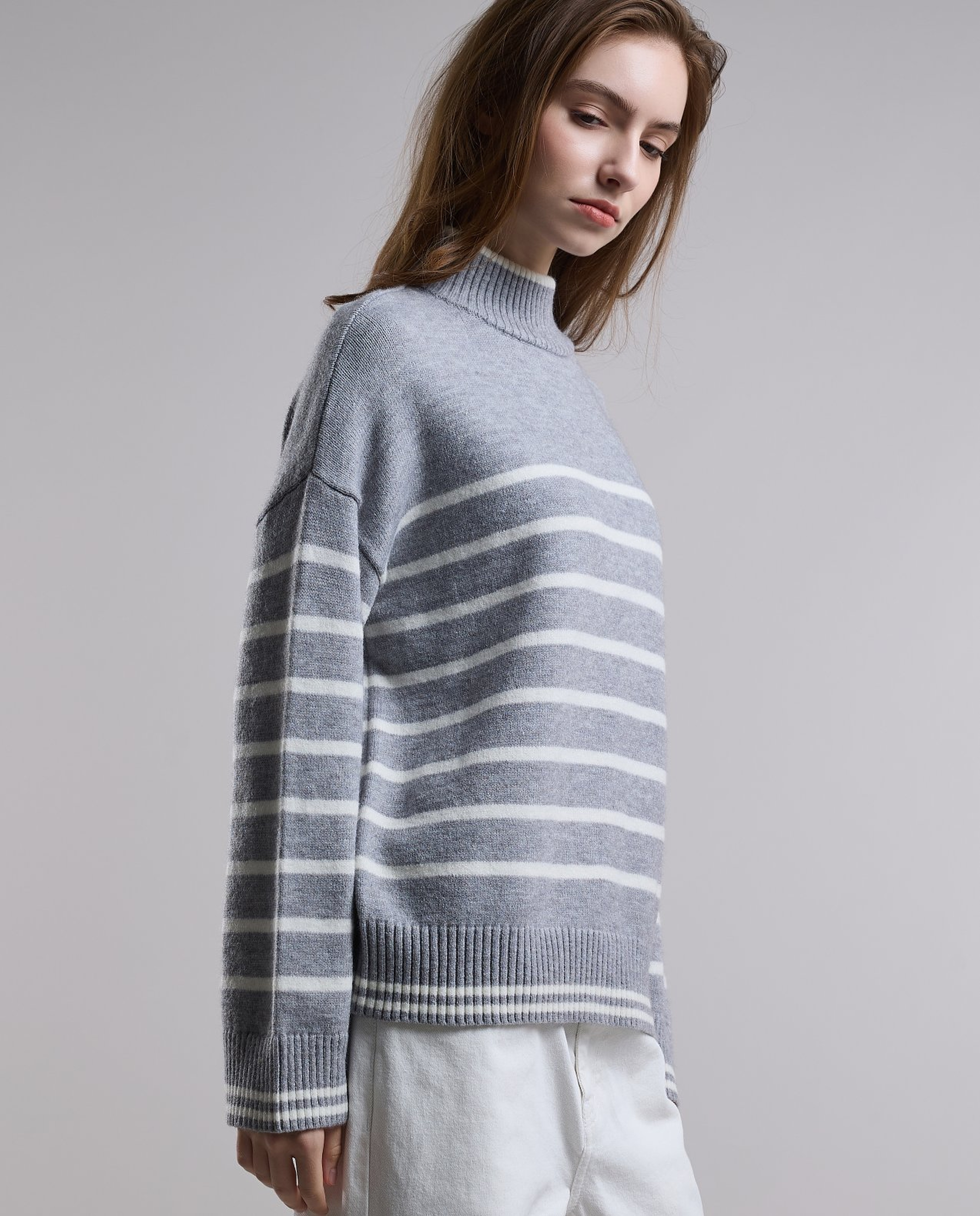 Striped Sweater with Turtleneck and Long Sleeves