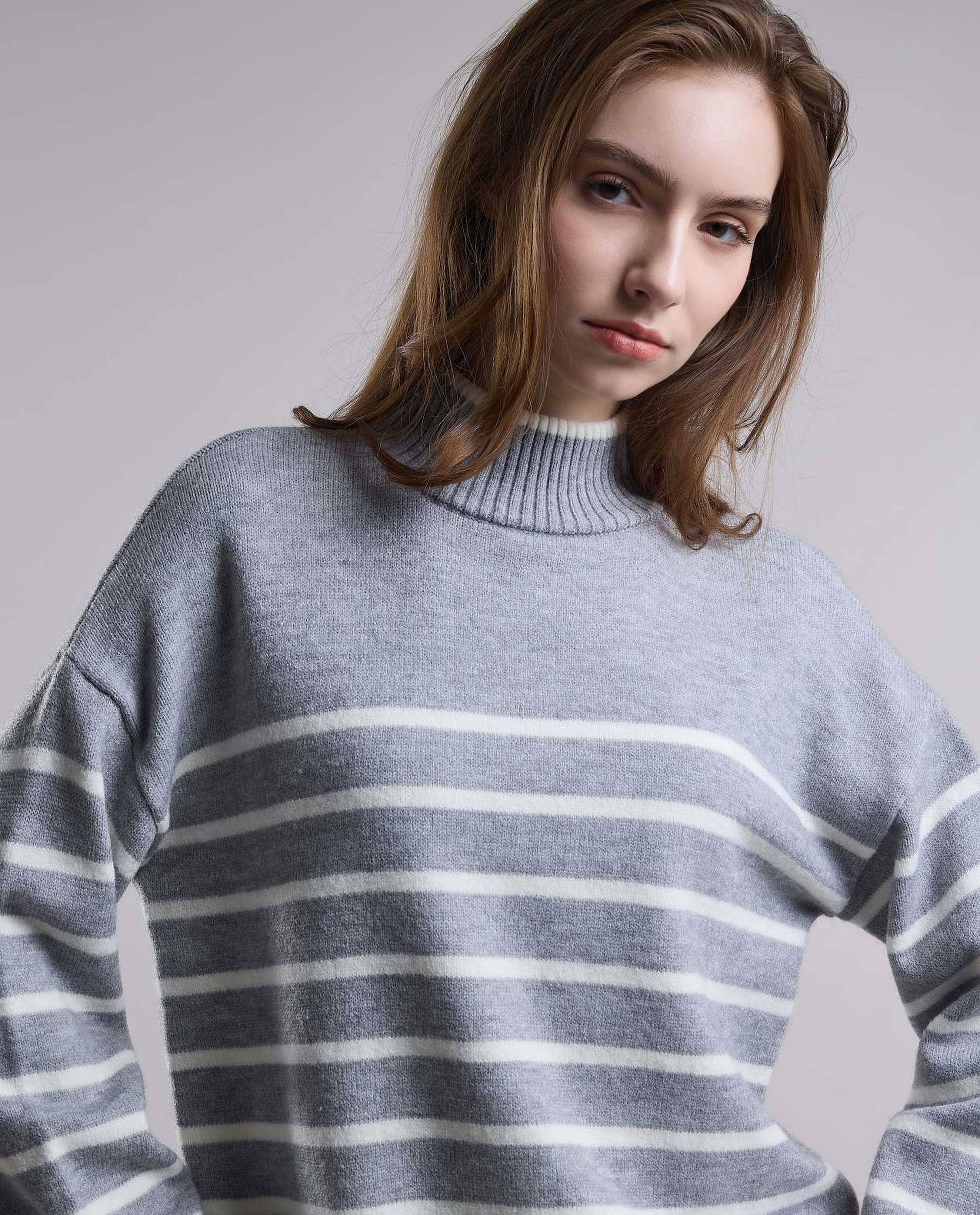 Striped Sweater with Turtleneck and Long Sleeves