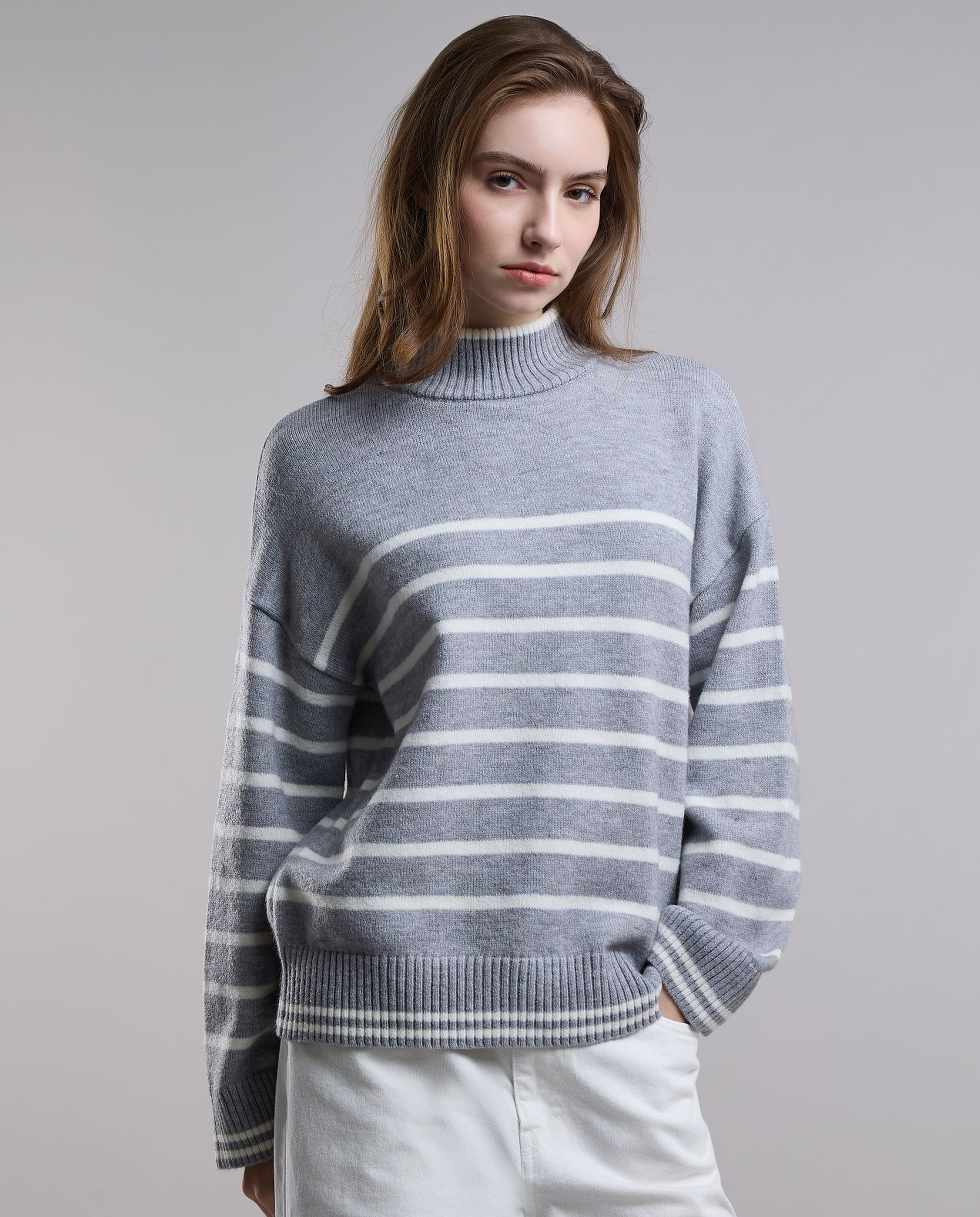 Striped Sweater with Turtleneck and Long Sleeves