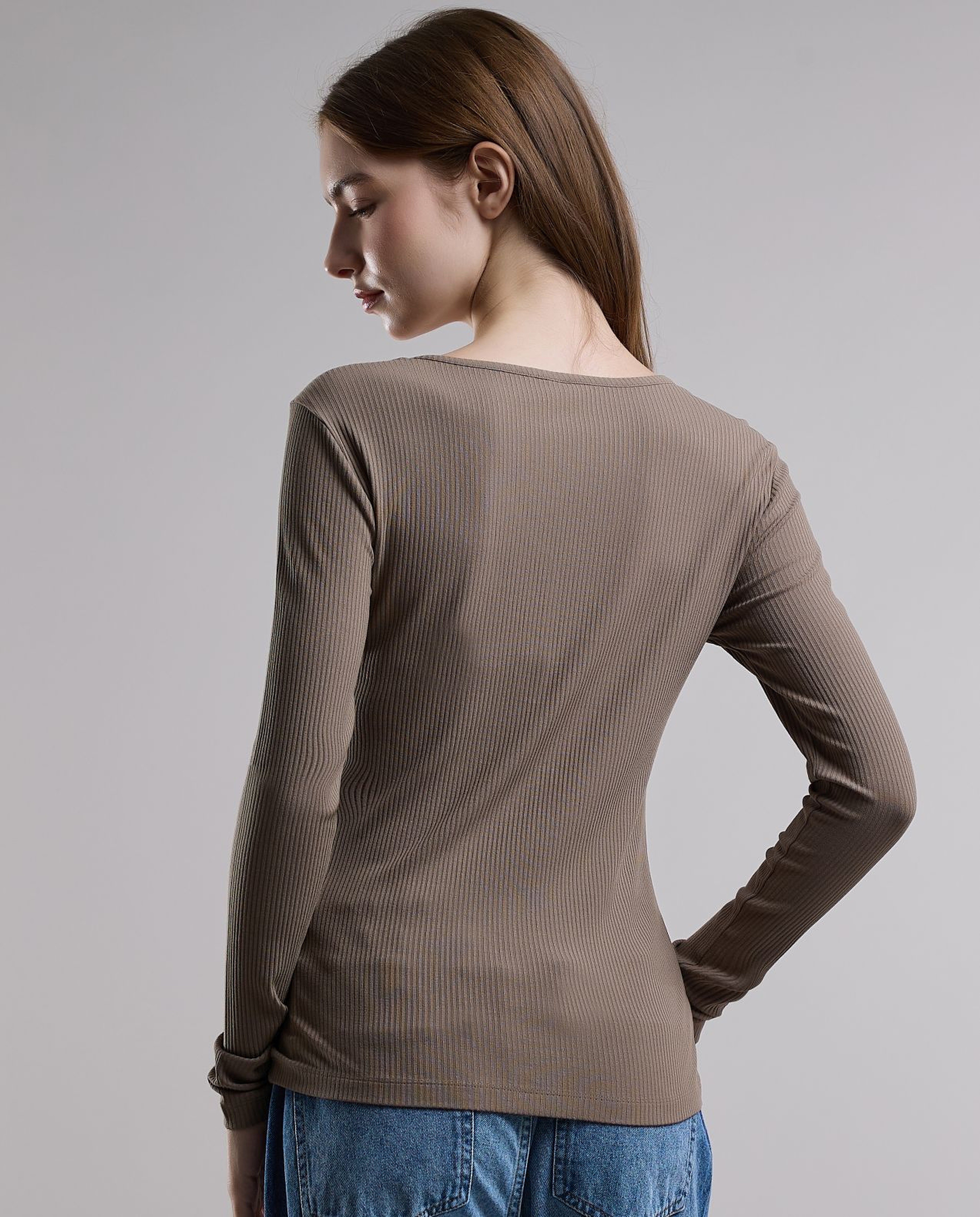 Ribbed Top with V-Neck and Long Sleeves