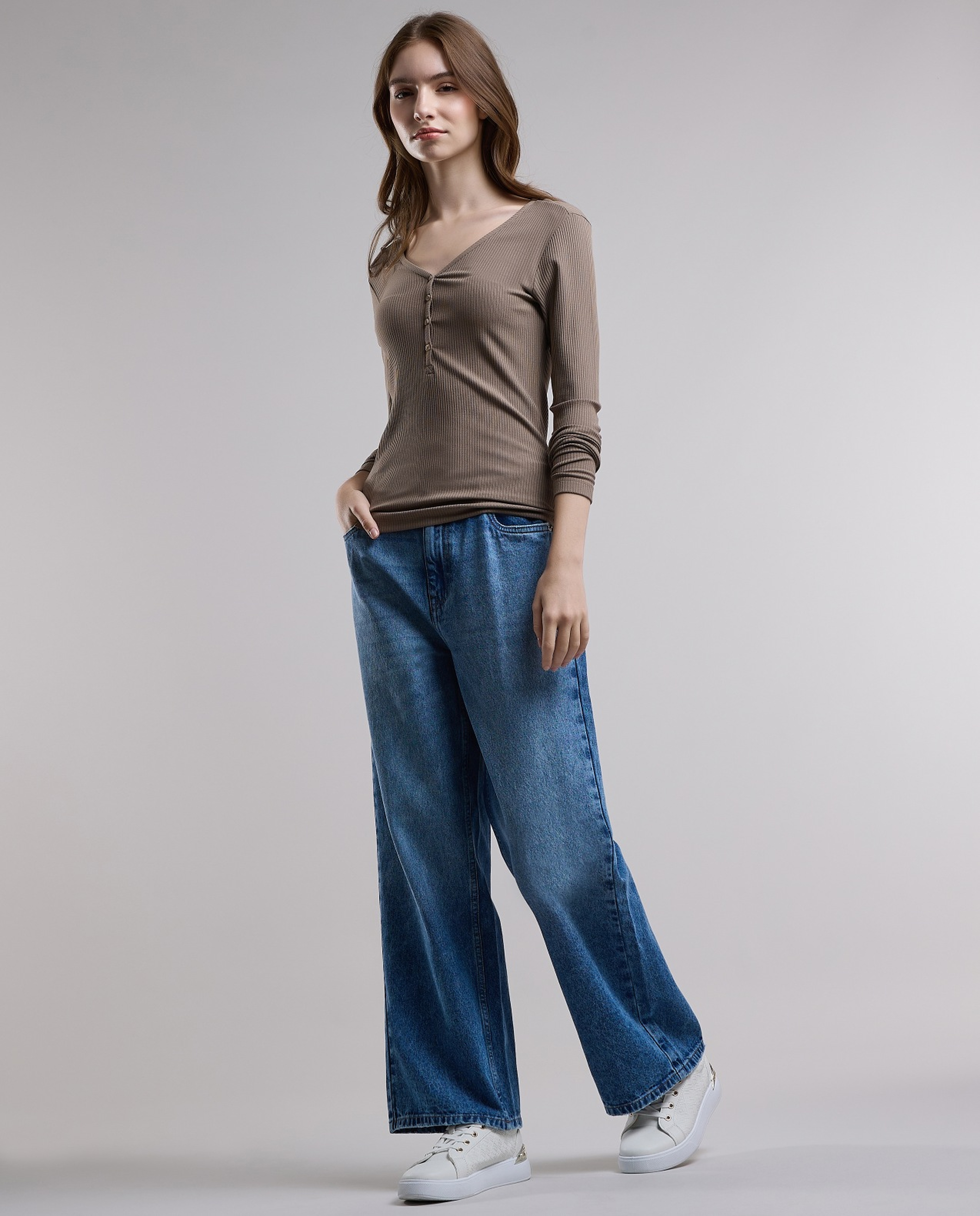 Ribbed Top with V-Neck and Long Sleeves