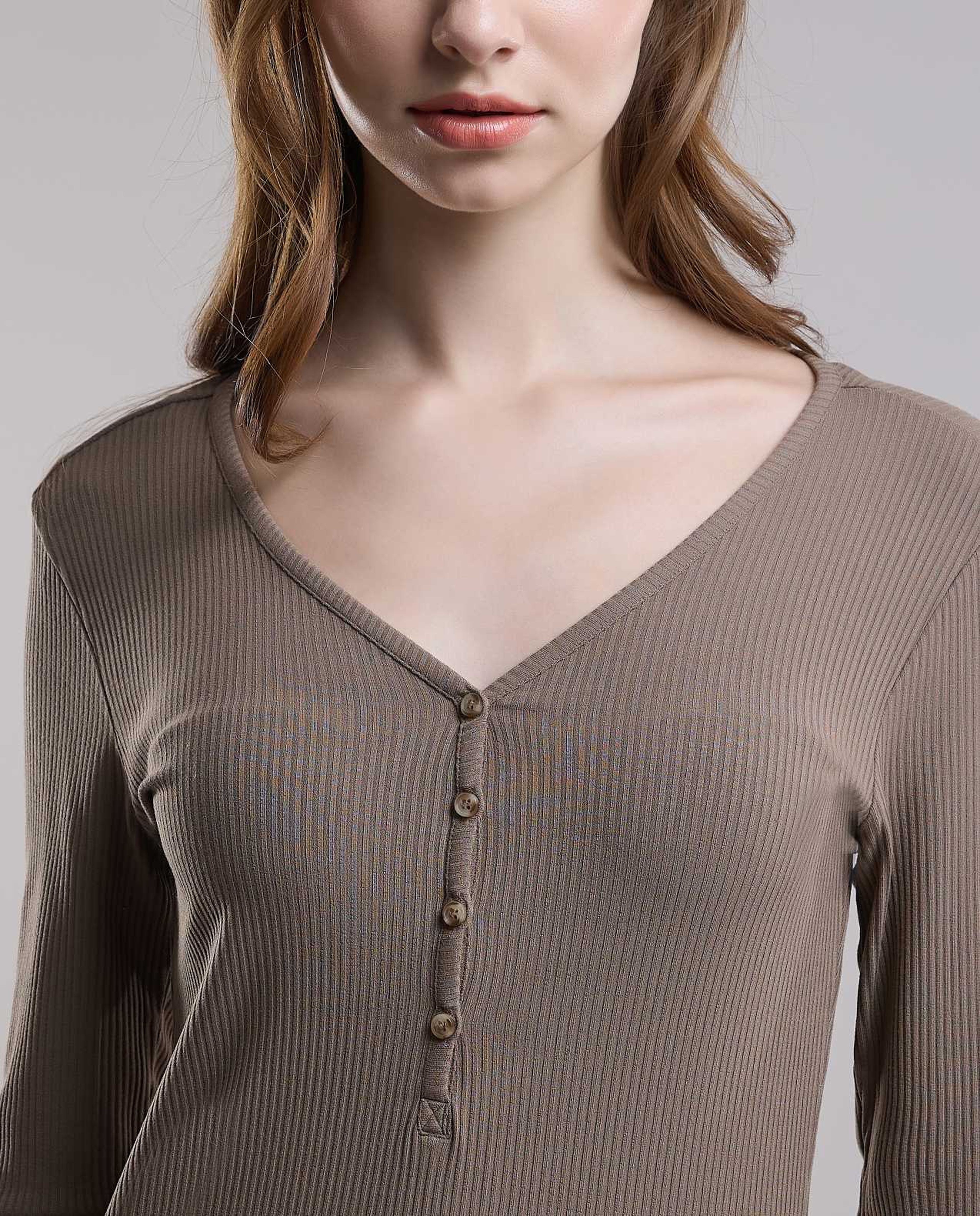 Ribbed Top with V-Neck and Long Sleeves