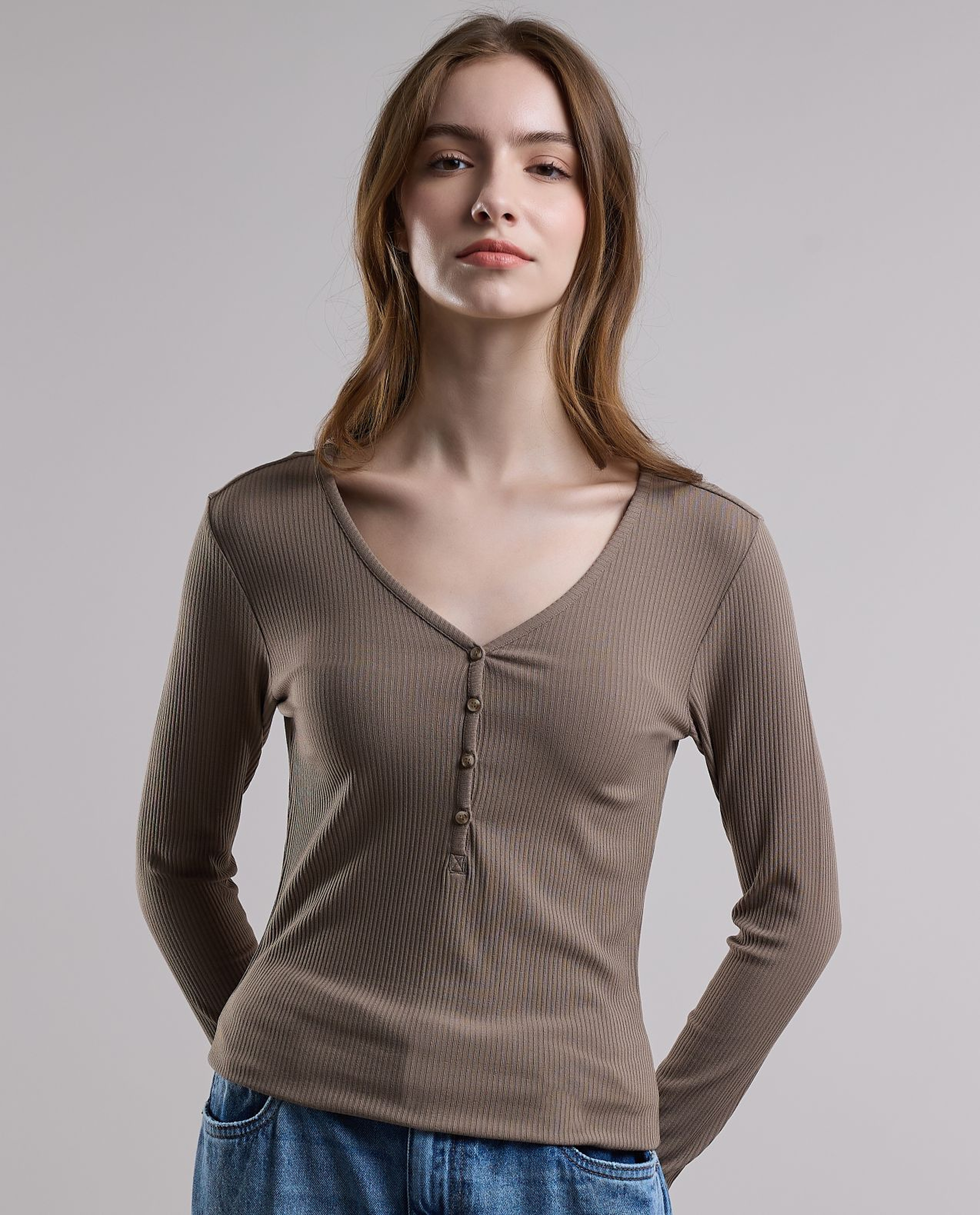 Ribbed Top with V-Neck and Long Sleeves