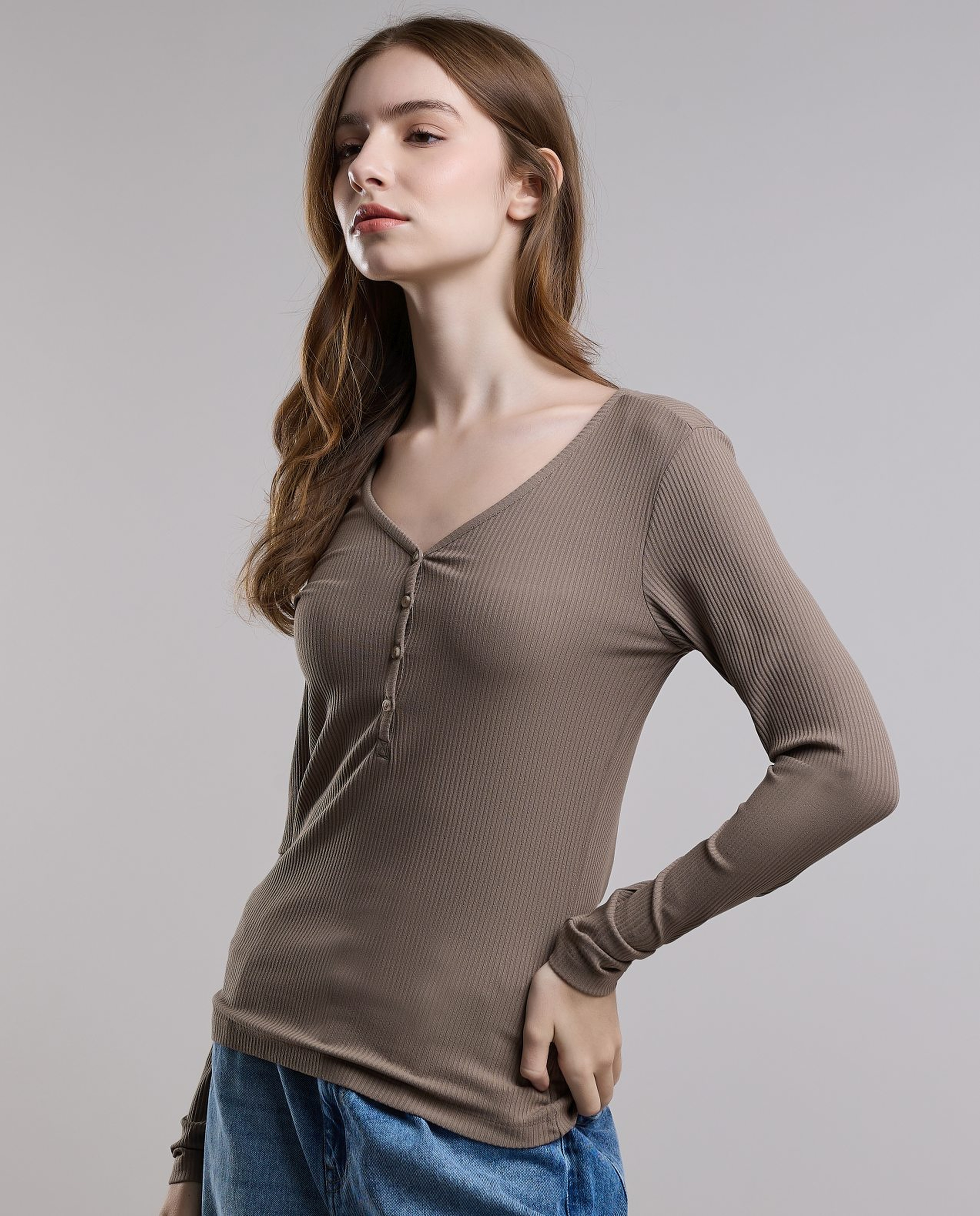 Ribbed Top with V-Neck and Long Sleeves