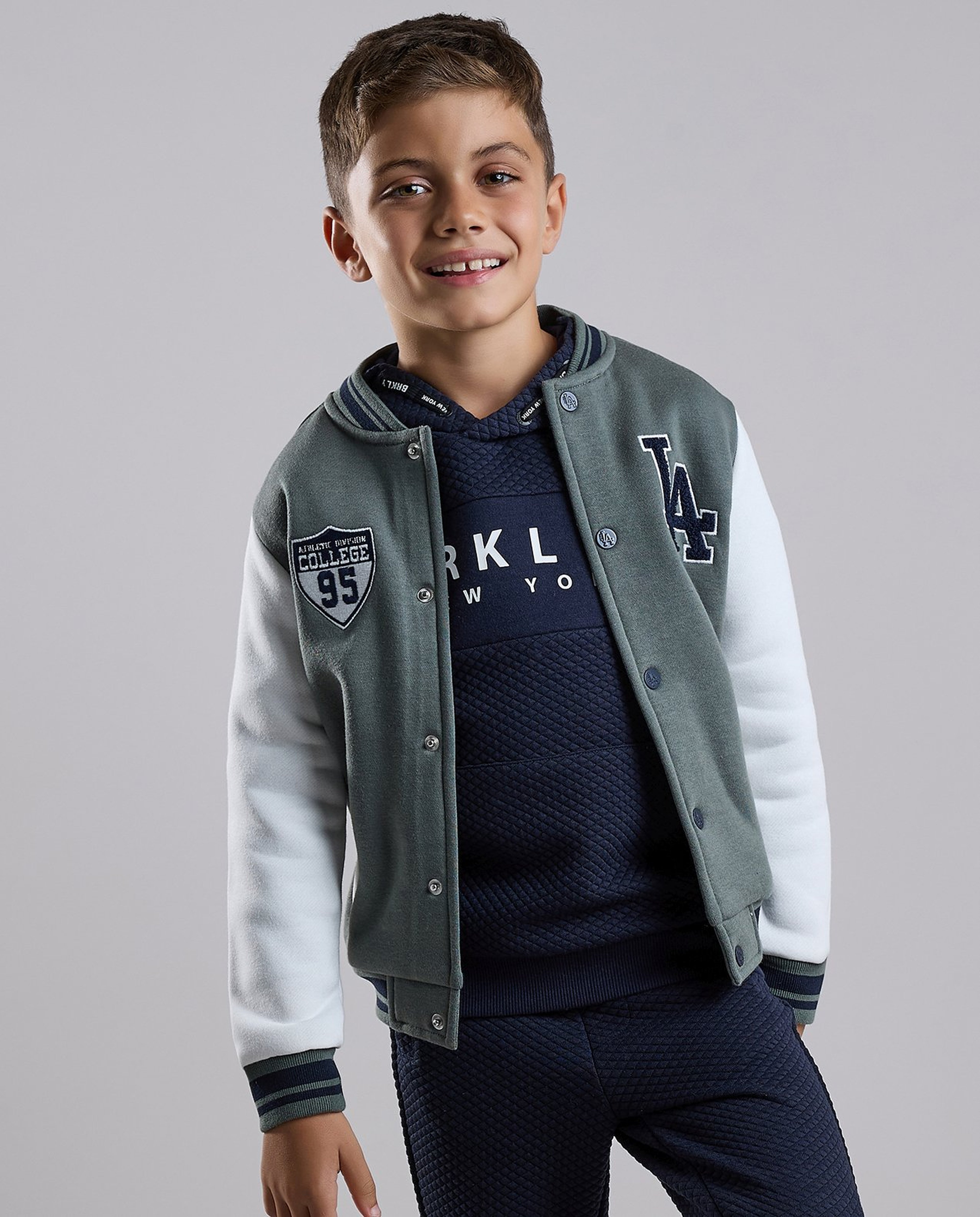 Appliqued Varsity Jacket with Button Closure