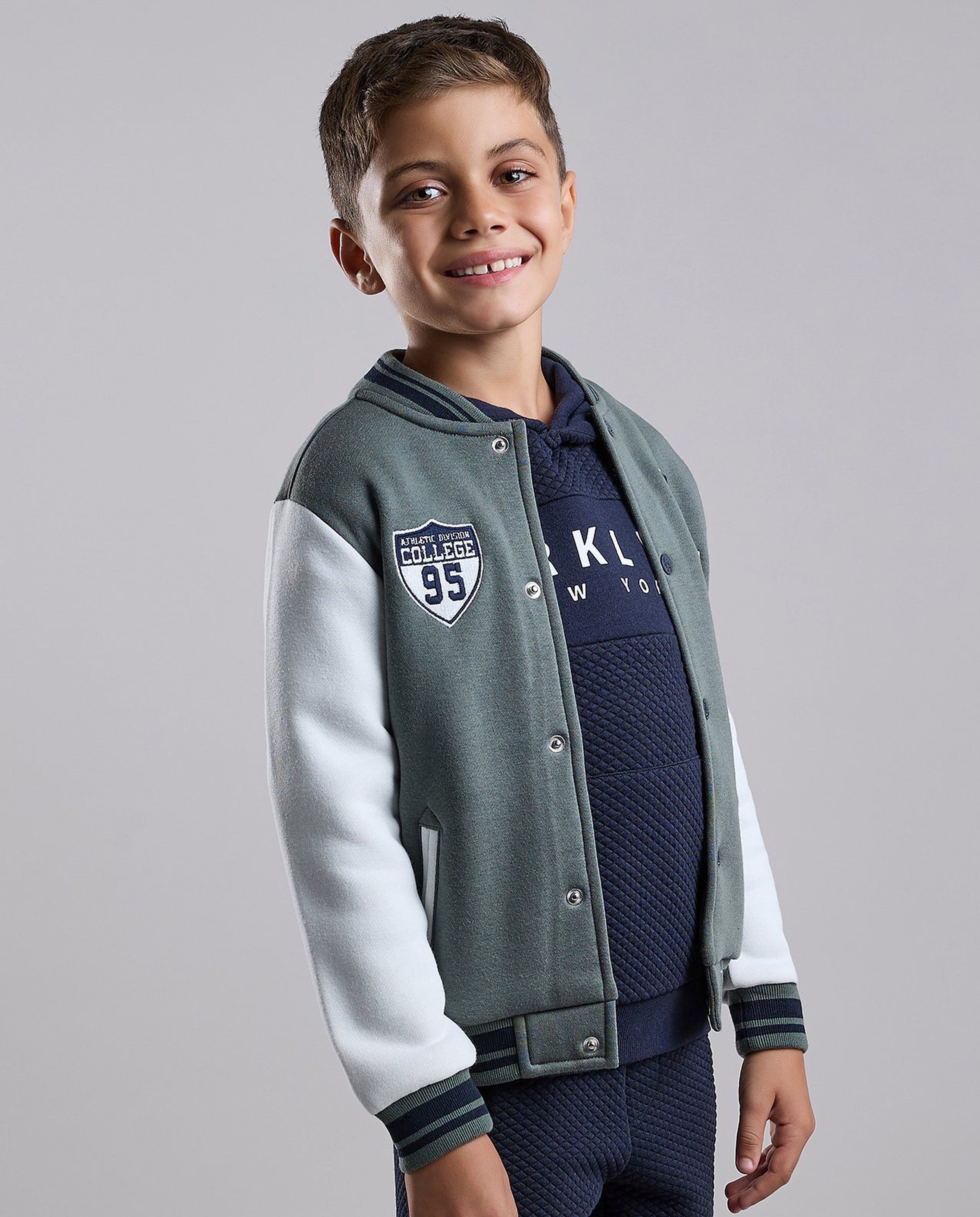 Appliqued Varsity Jacket with Button Closure