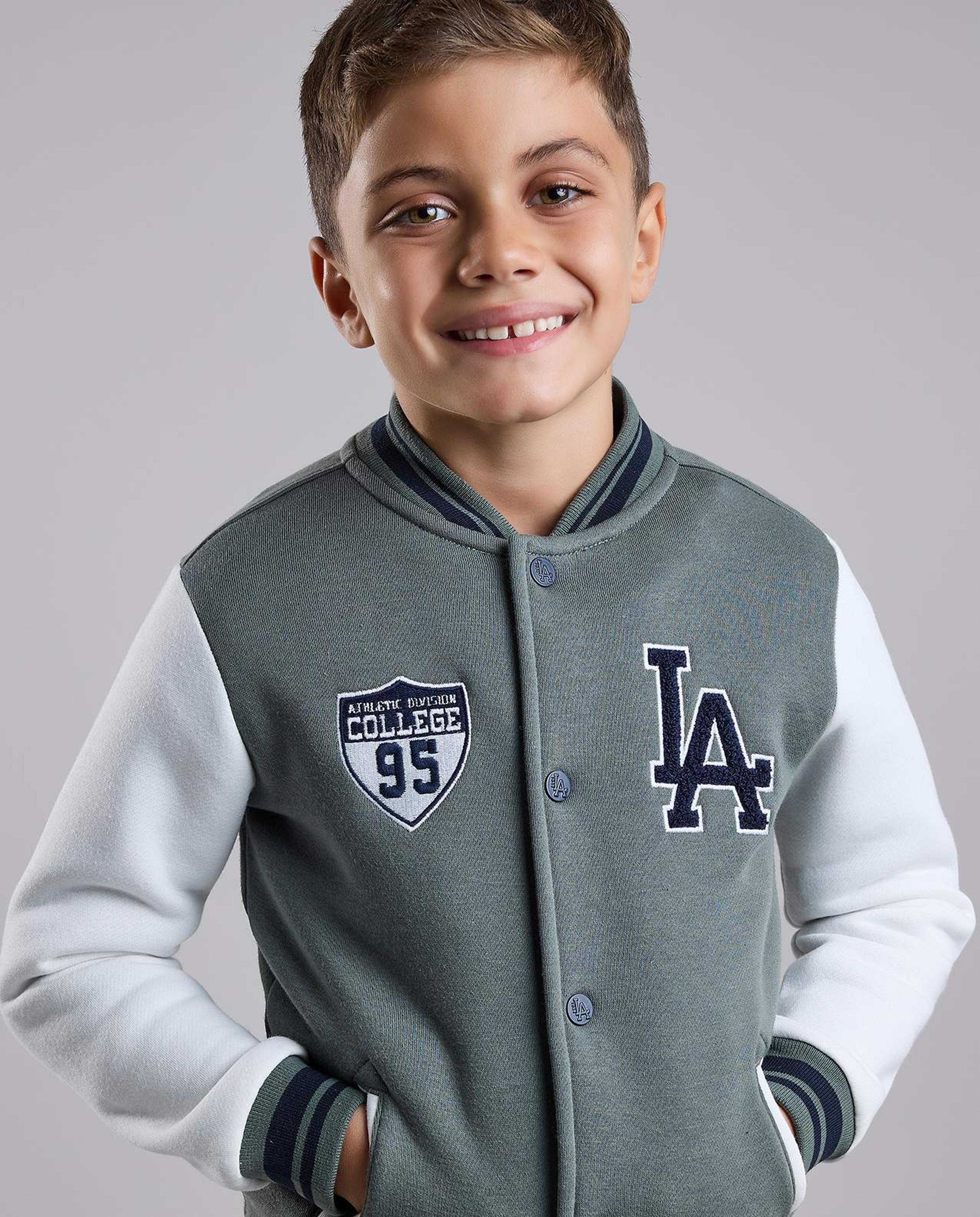 Appliqued Varsity Jacket with Button Closure