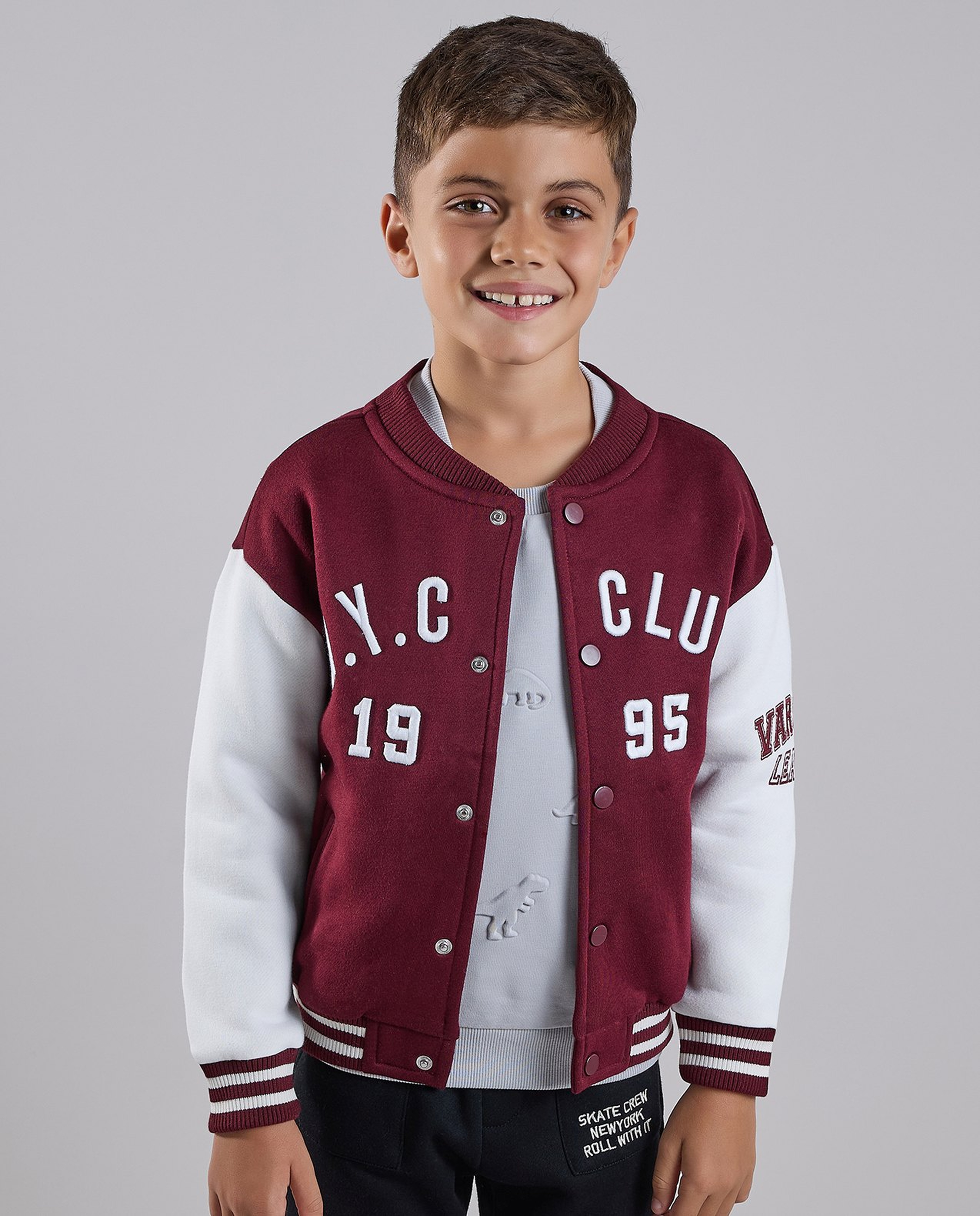 Appliqued Varsity Jacket with Button Closure