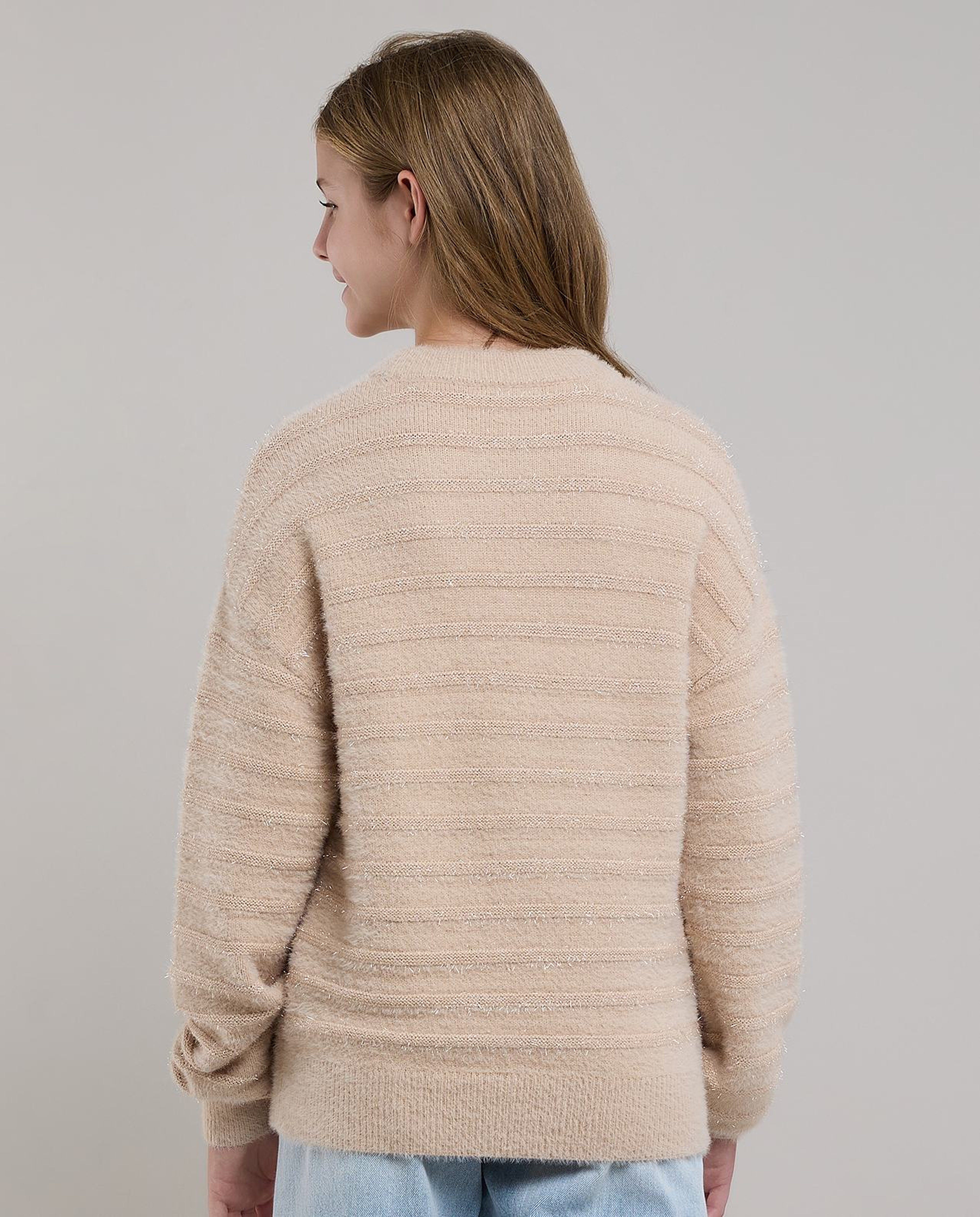 Textured Sweater with Crew Neck and Long Sleeves