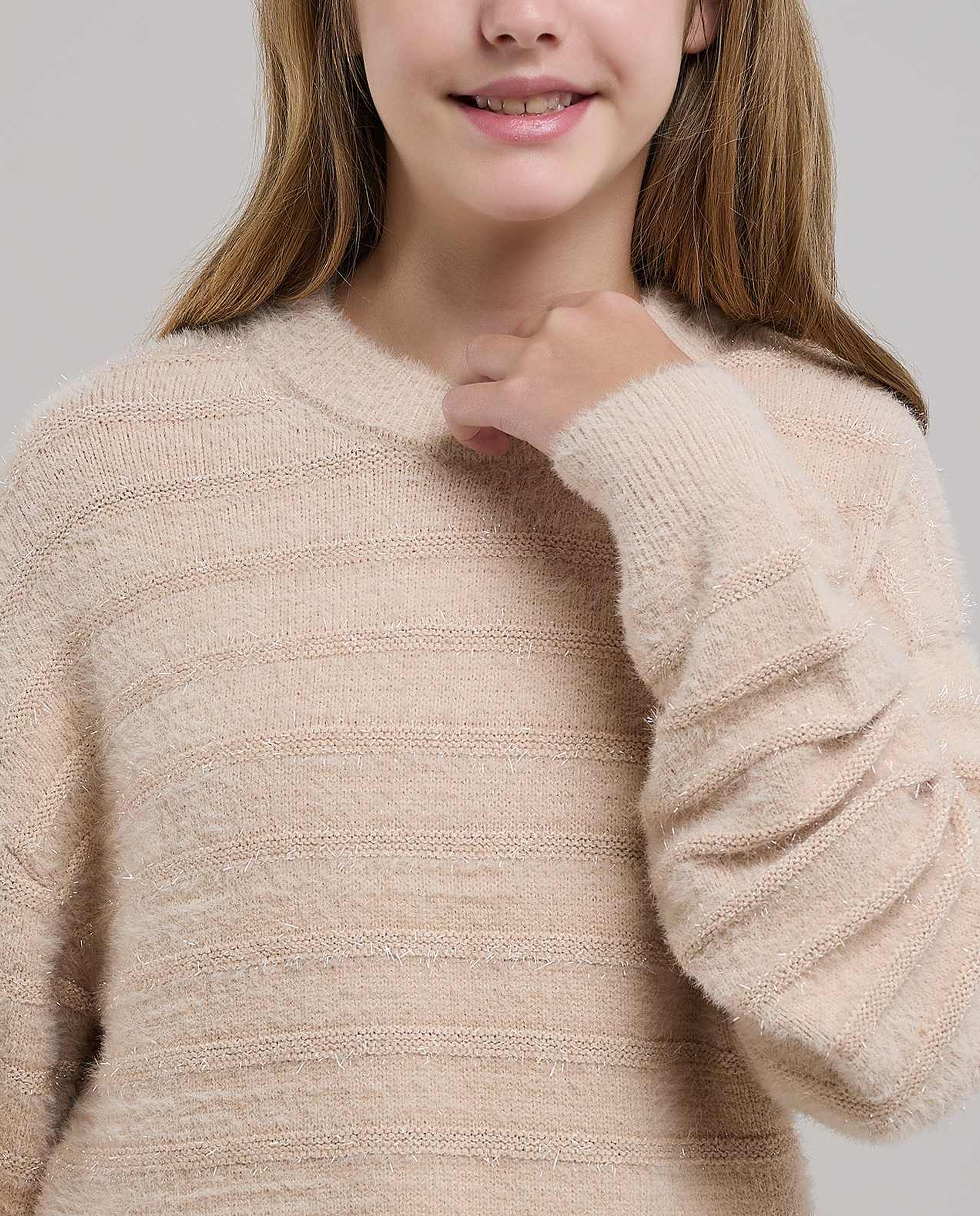 Textured Sweater with Crew Neck and Long Sleeves