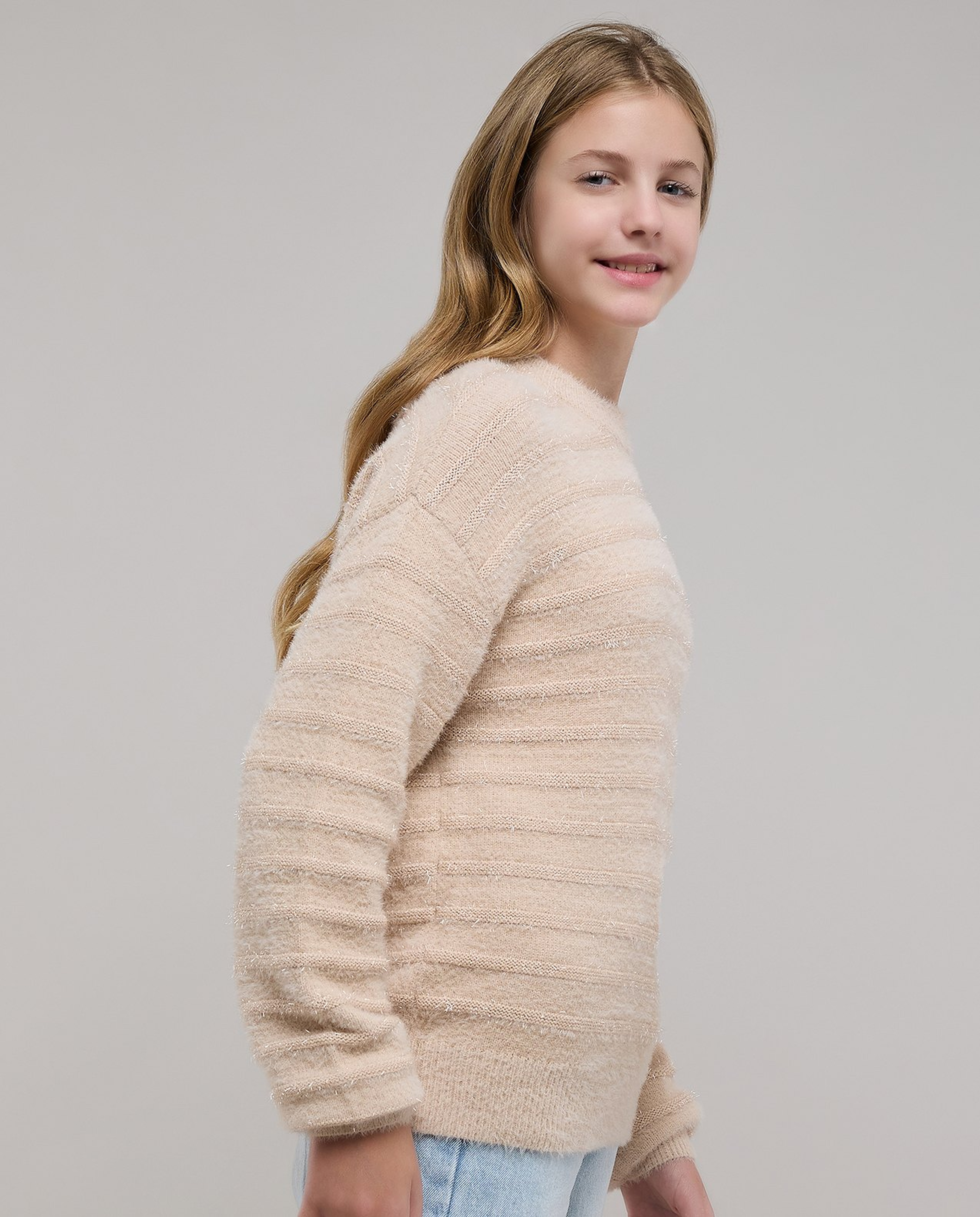 Textured Sweater with Crew Neck and Long Sleeves