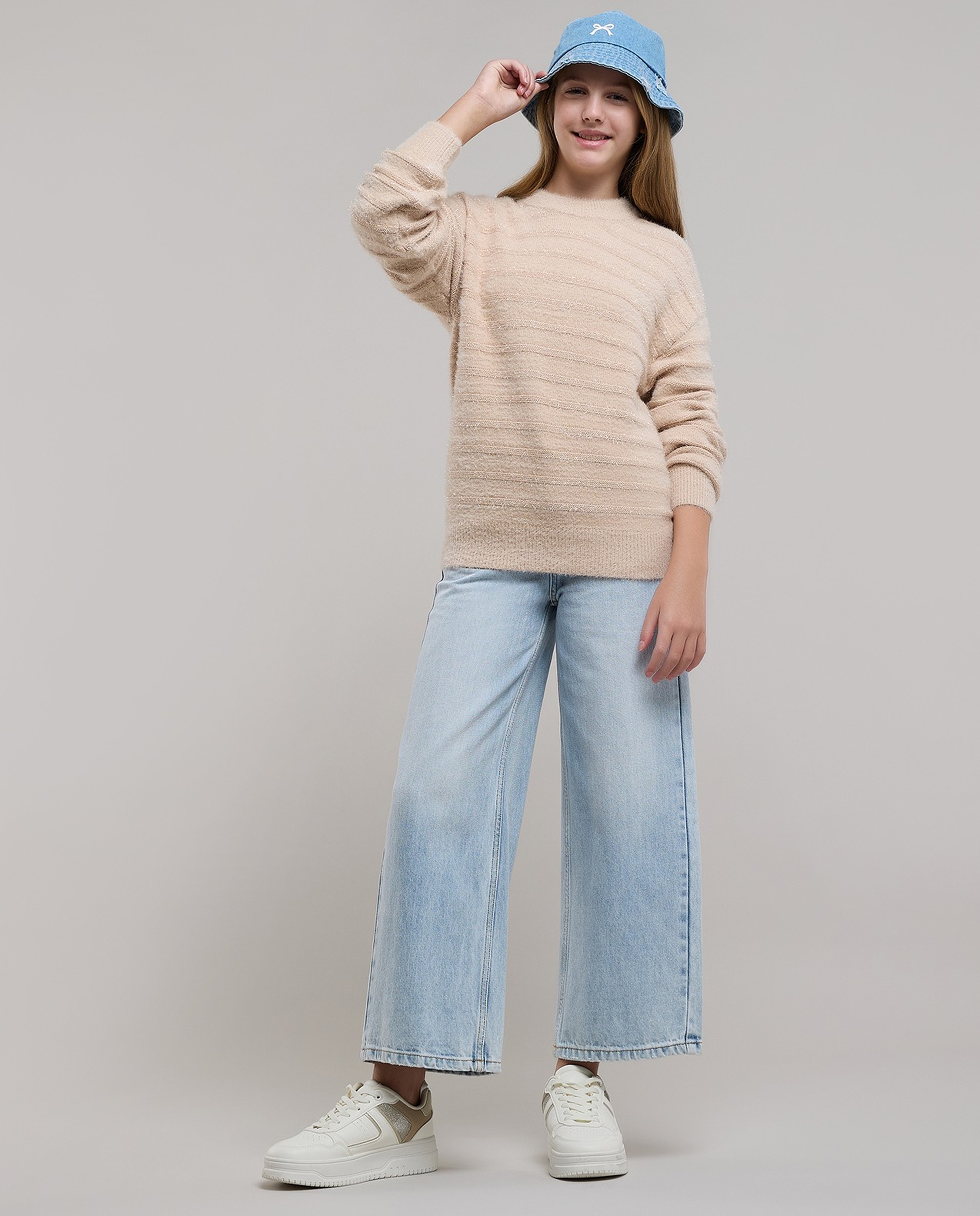 Textured Sweater with Crew Neck and Long Sleeves