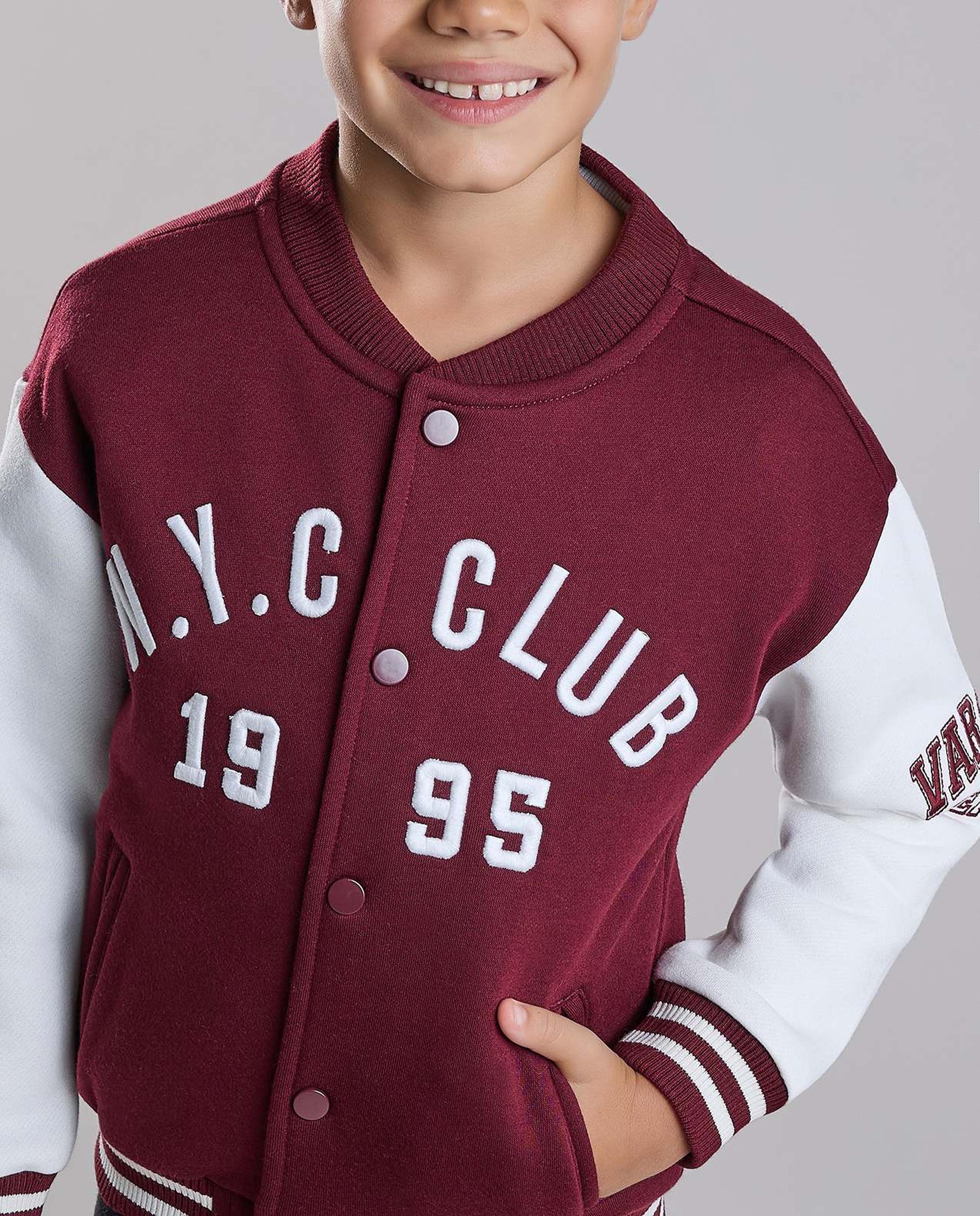 Appliqued Varsity Jacket with Button Closure