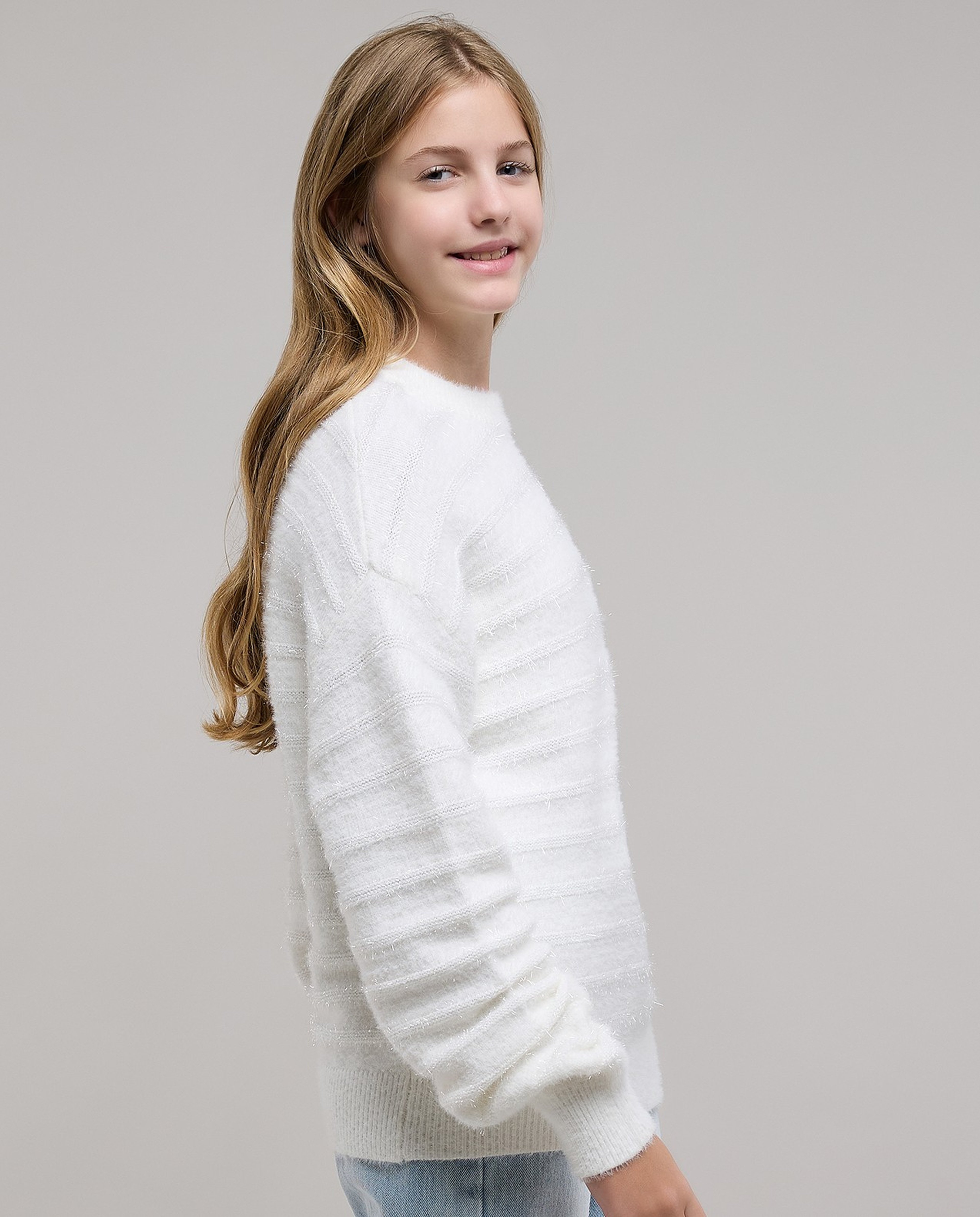 Textured Sweater with Crew Neck and Long Sleeves