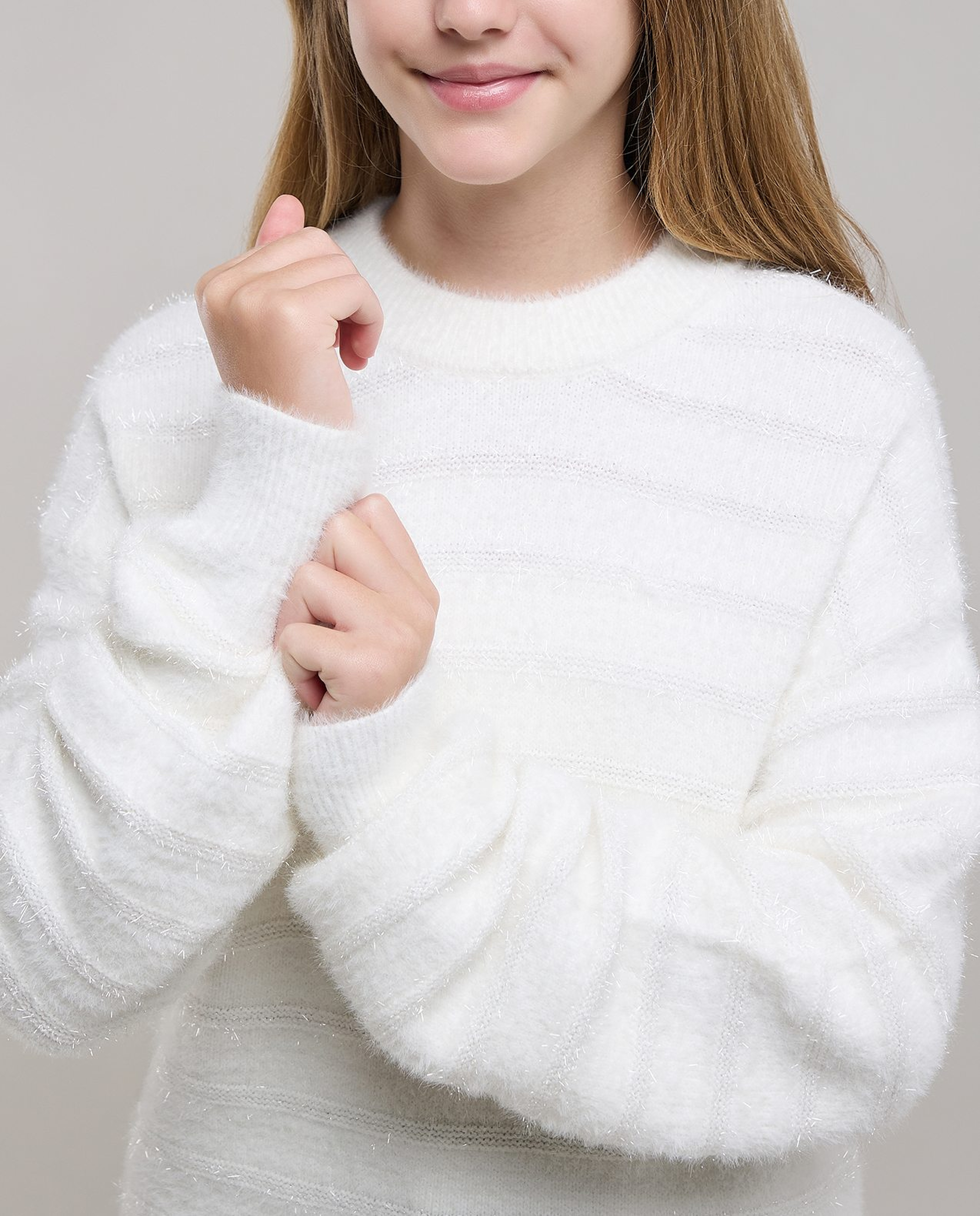 Textured Sweater with Crew Neck and Long Sleeves