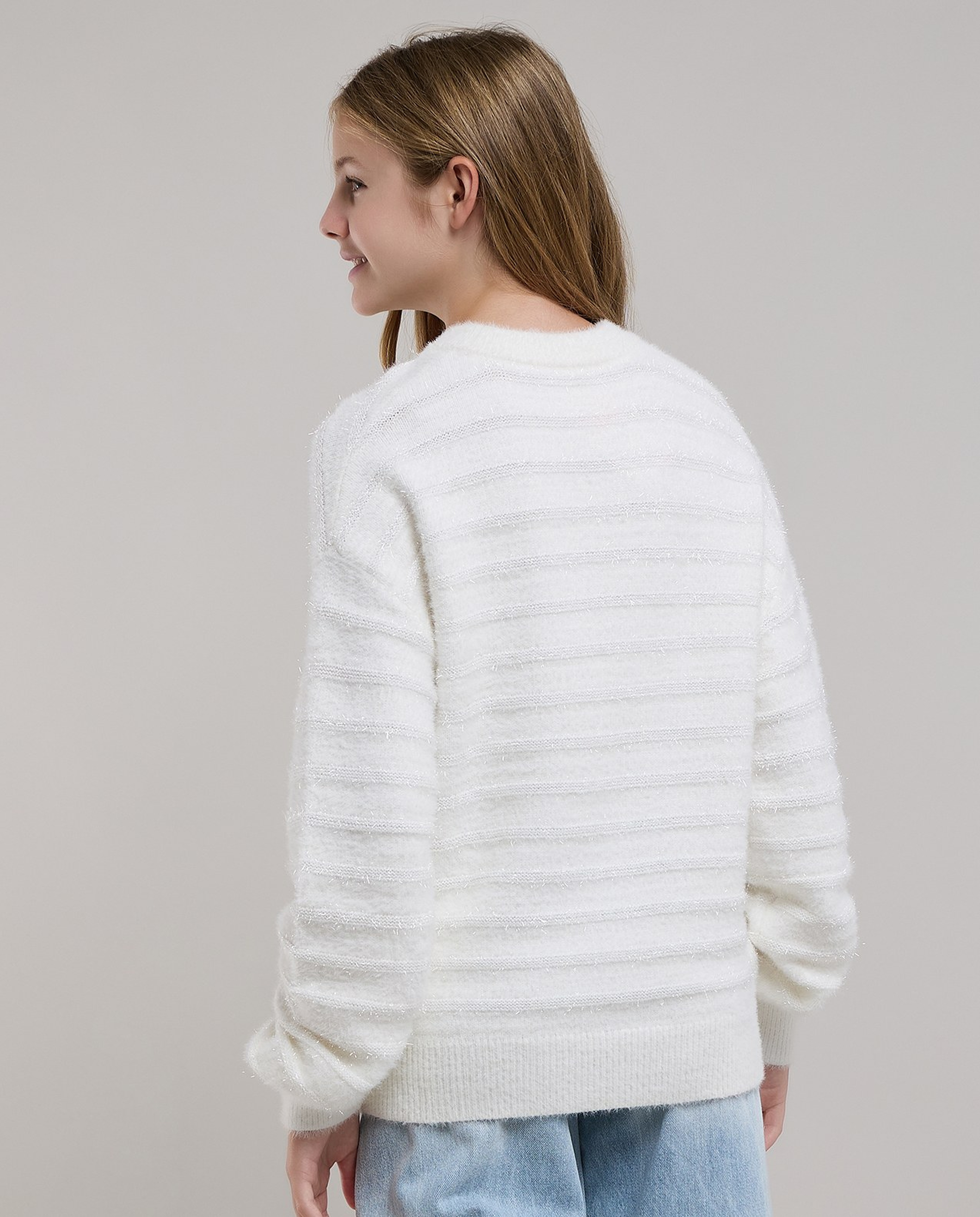 Textured Sweater with Crew Neck and Long Sleeves
