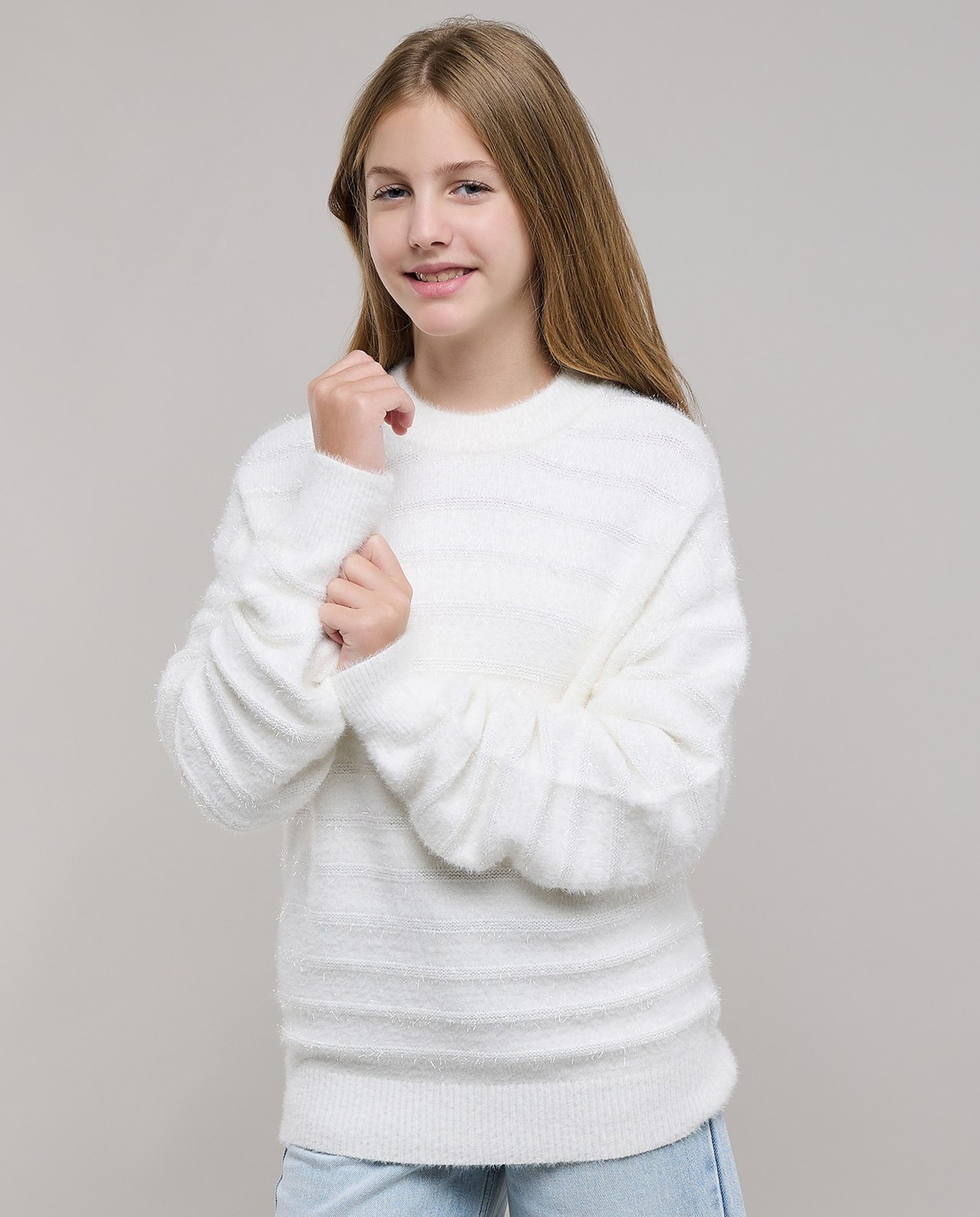 Textured Sweater with Crew Neck and Long Sleeves