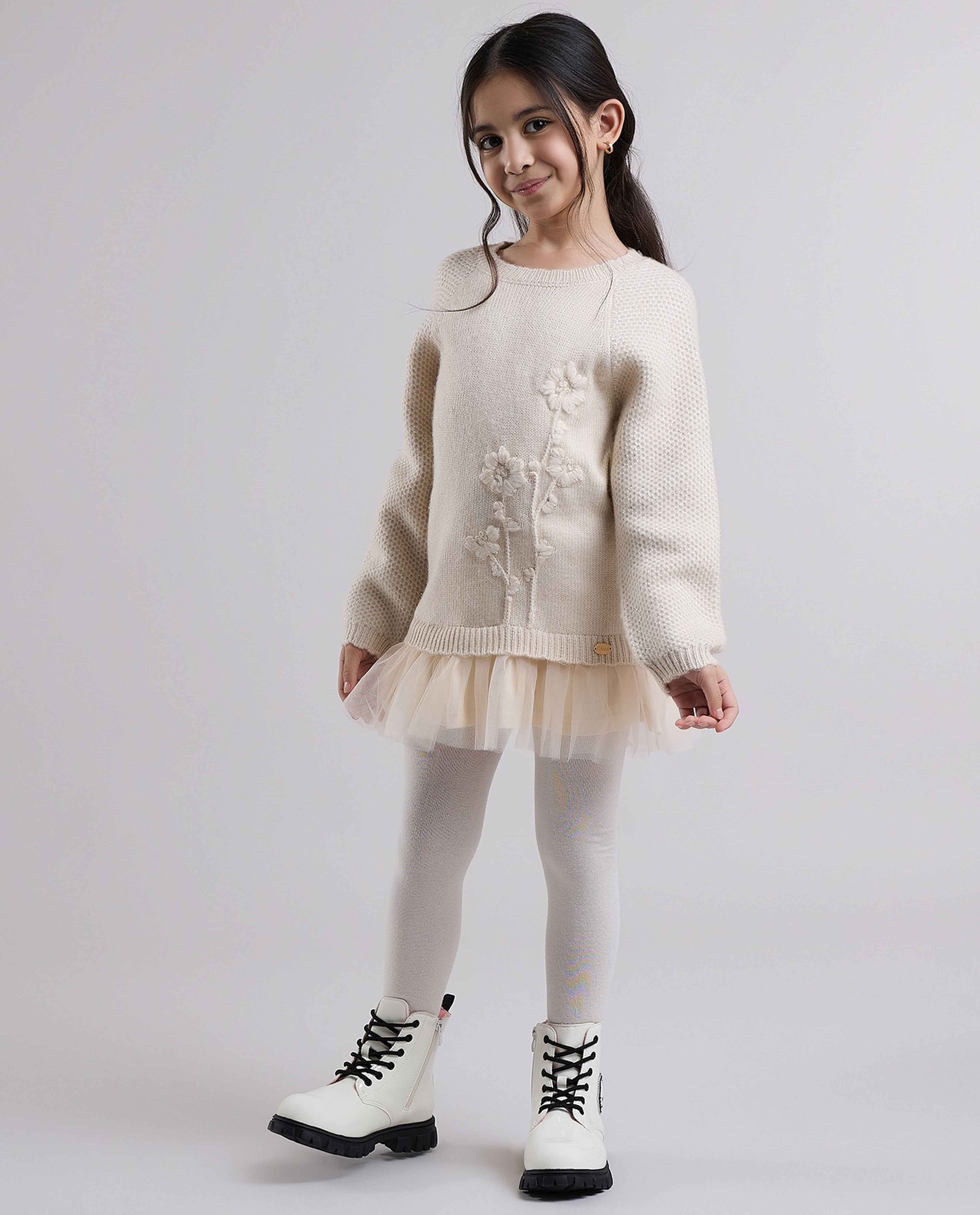 Embroidered Sweater Dress with Crew Neck and Long Sleeves