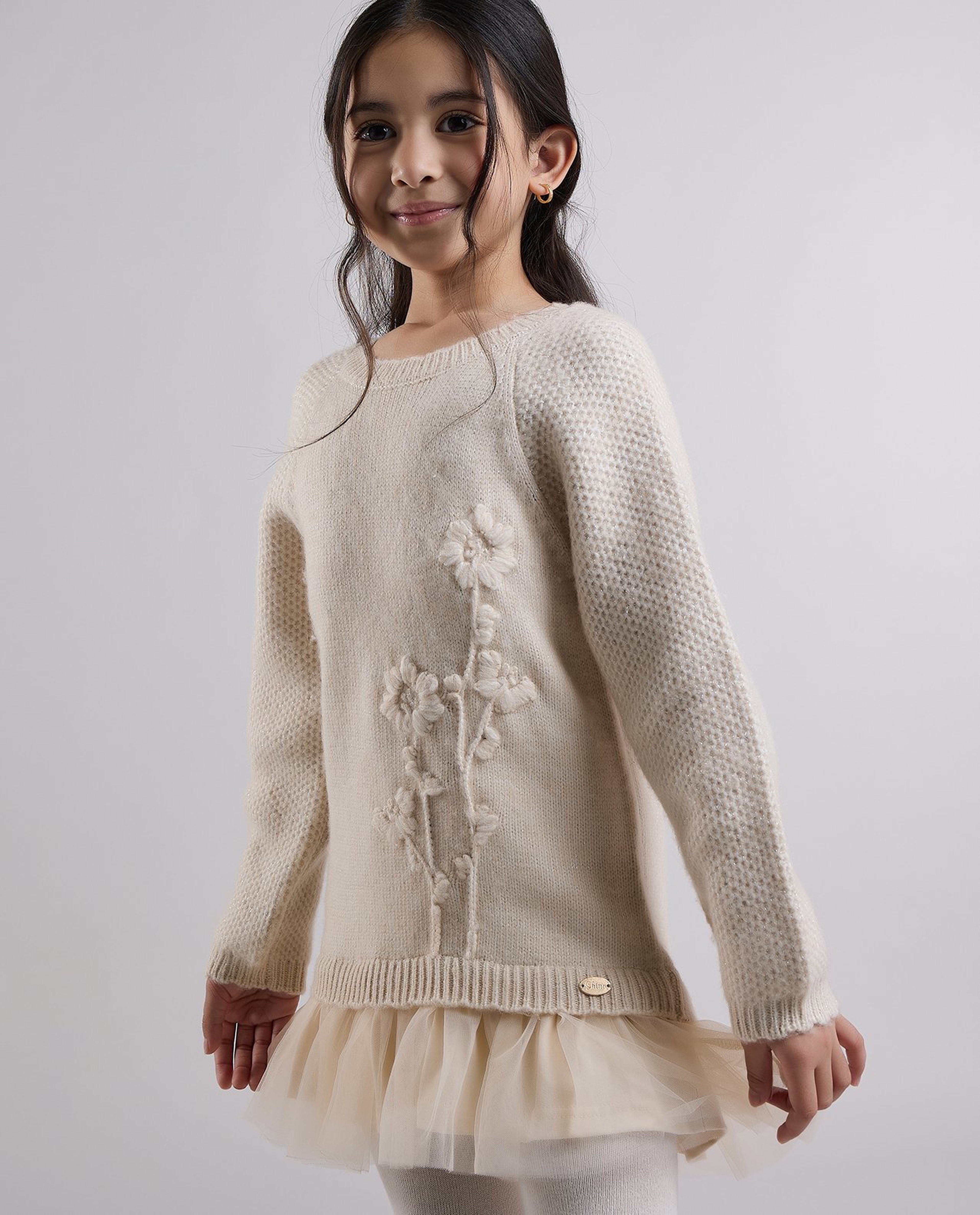 Embroidered Sweater Dress with Crew Neck and Long Sleeves