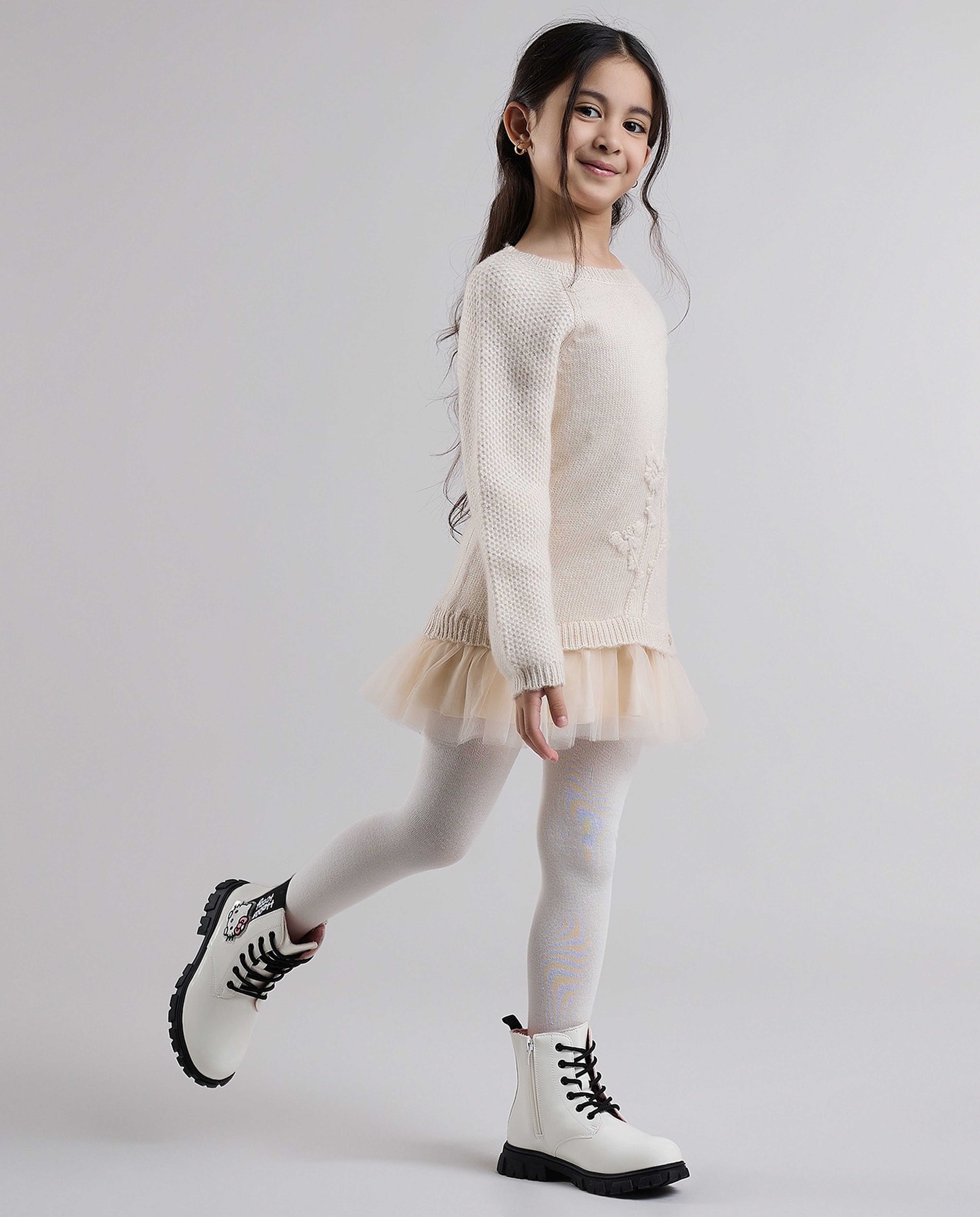 Embroidered Sweater Dress with Crew Neck and Long Sleeves