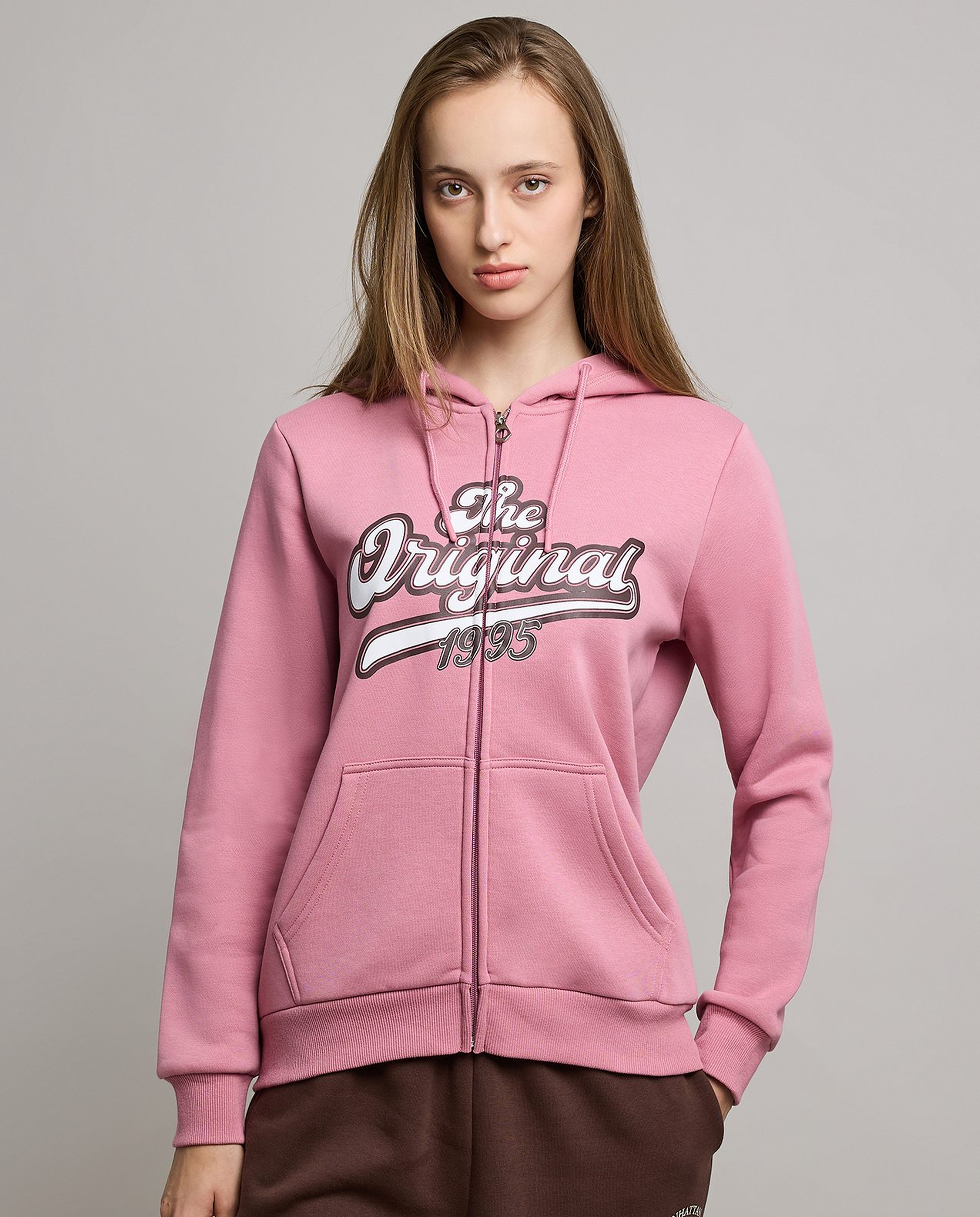 Typography Print Hooded Jacket with Zipper Closure