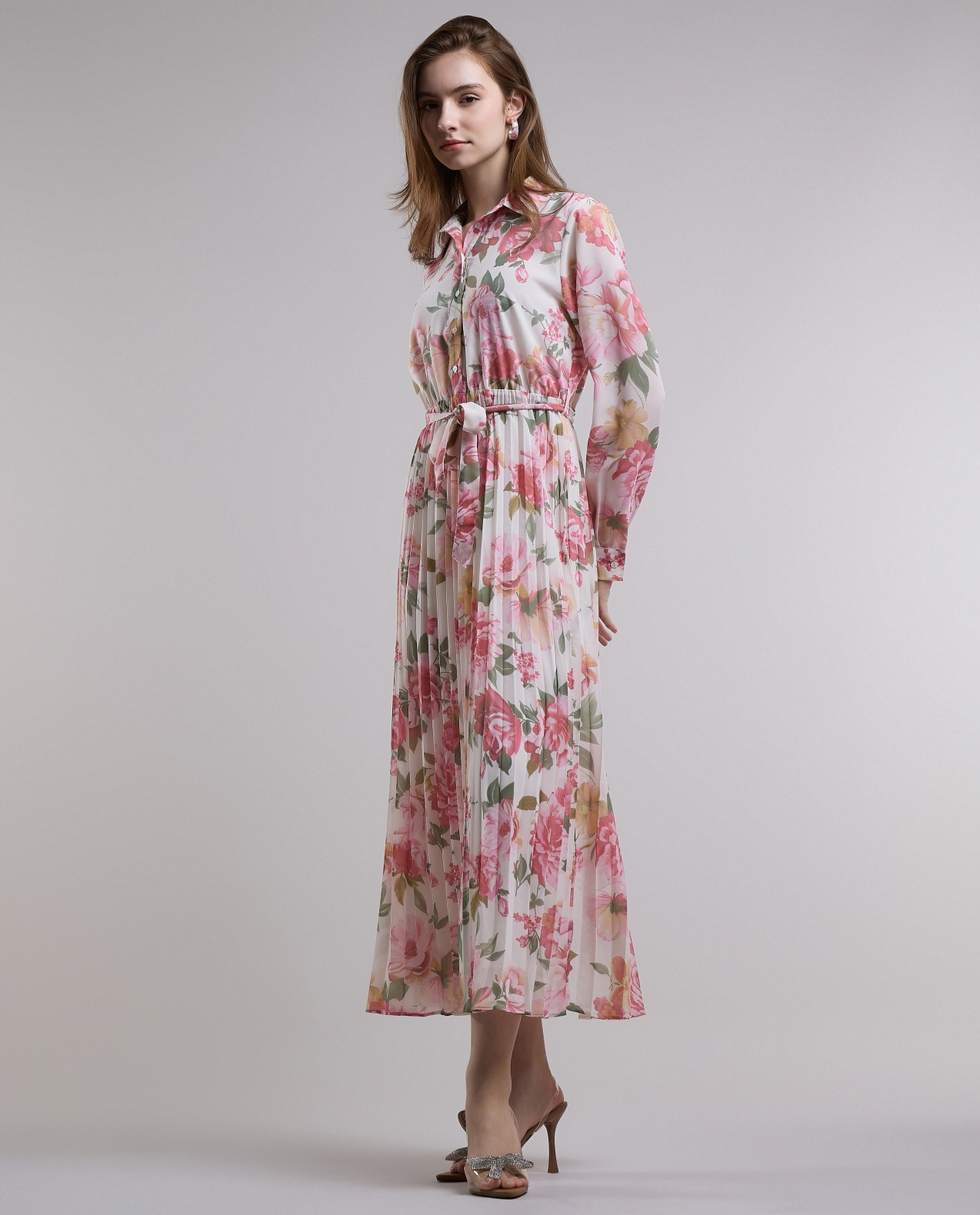 Floral Print Shirt Dress with Long Sleeves