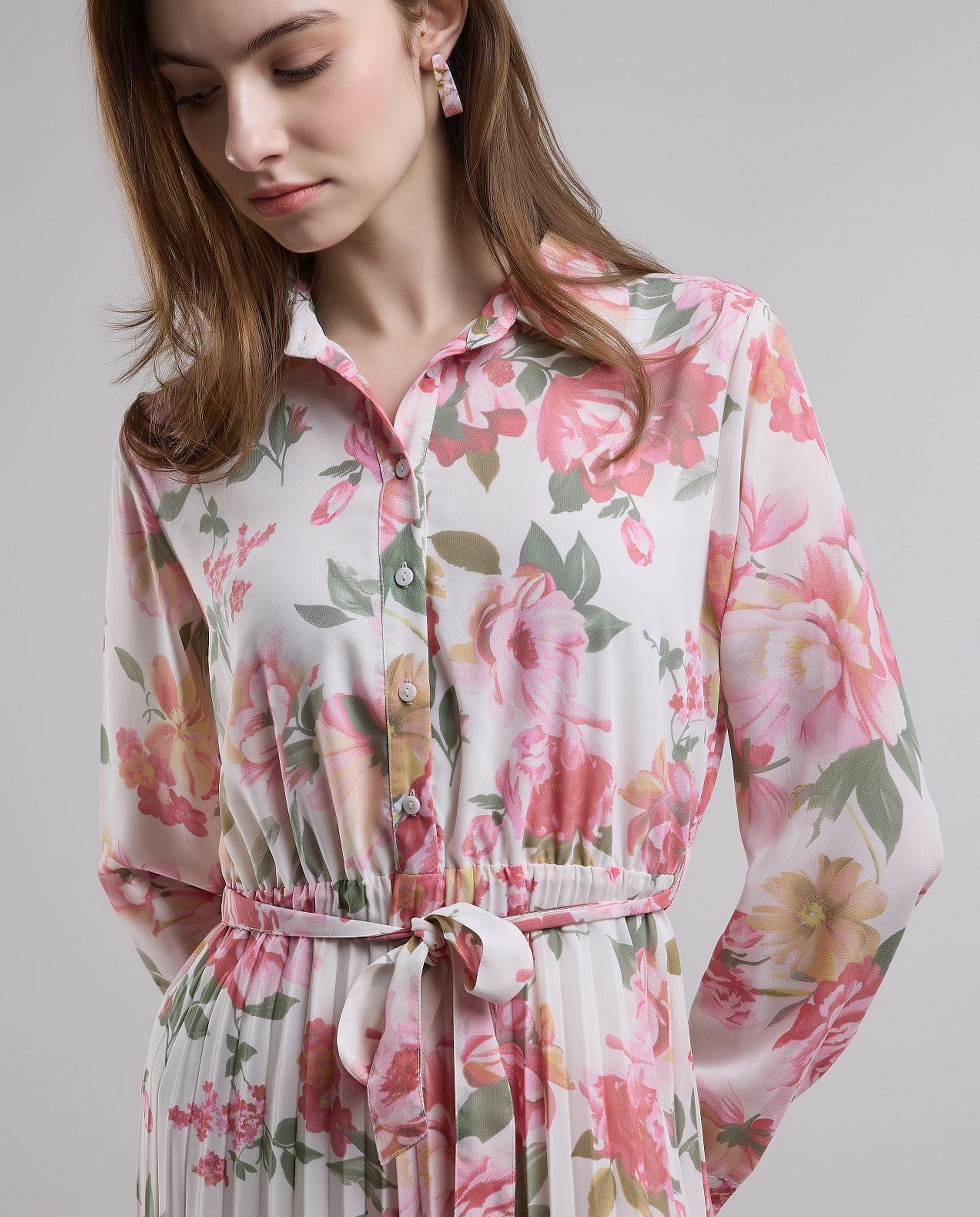 Floral Print Shirt Dress with Long Sleeves