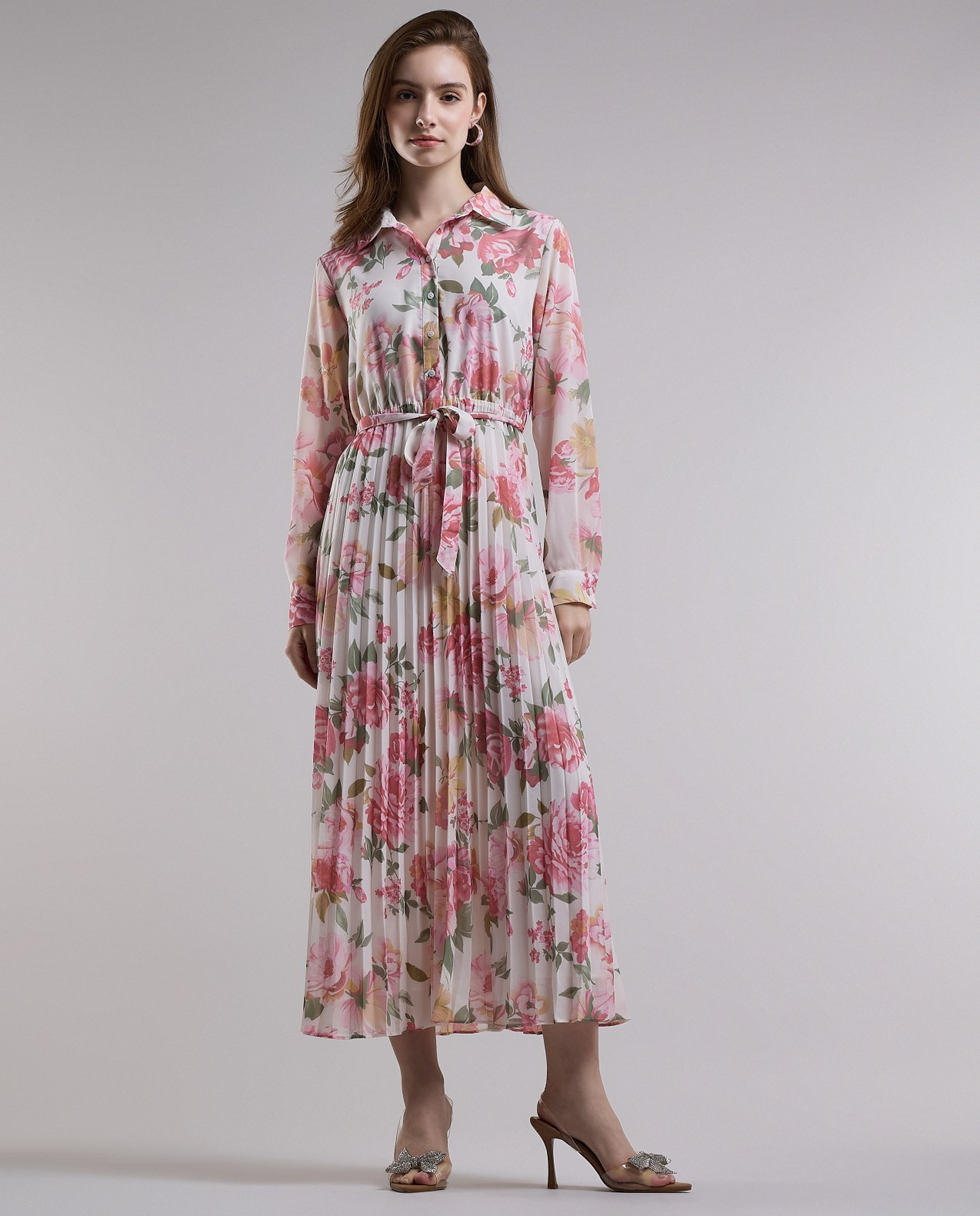 Floral Print Shirt Dress with Long Sleeves