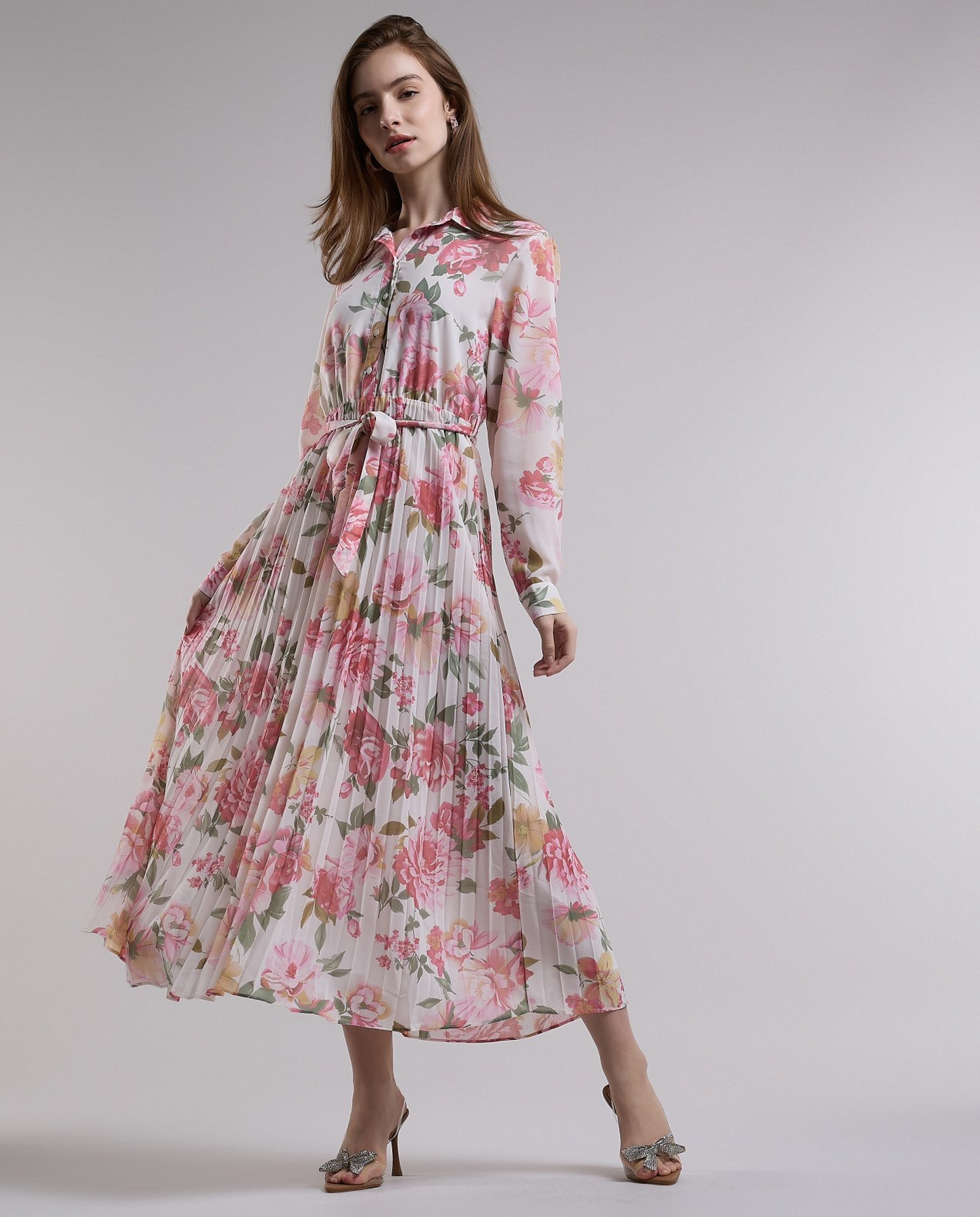 Floral Print Shirt Dress with Long Sleeves